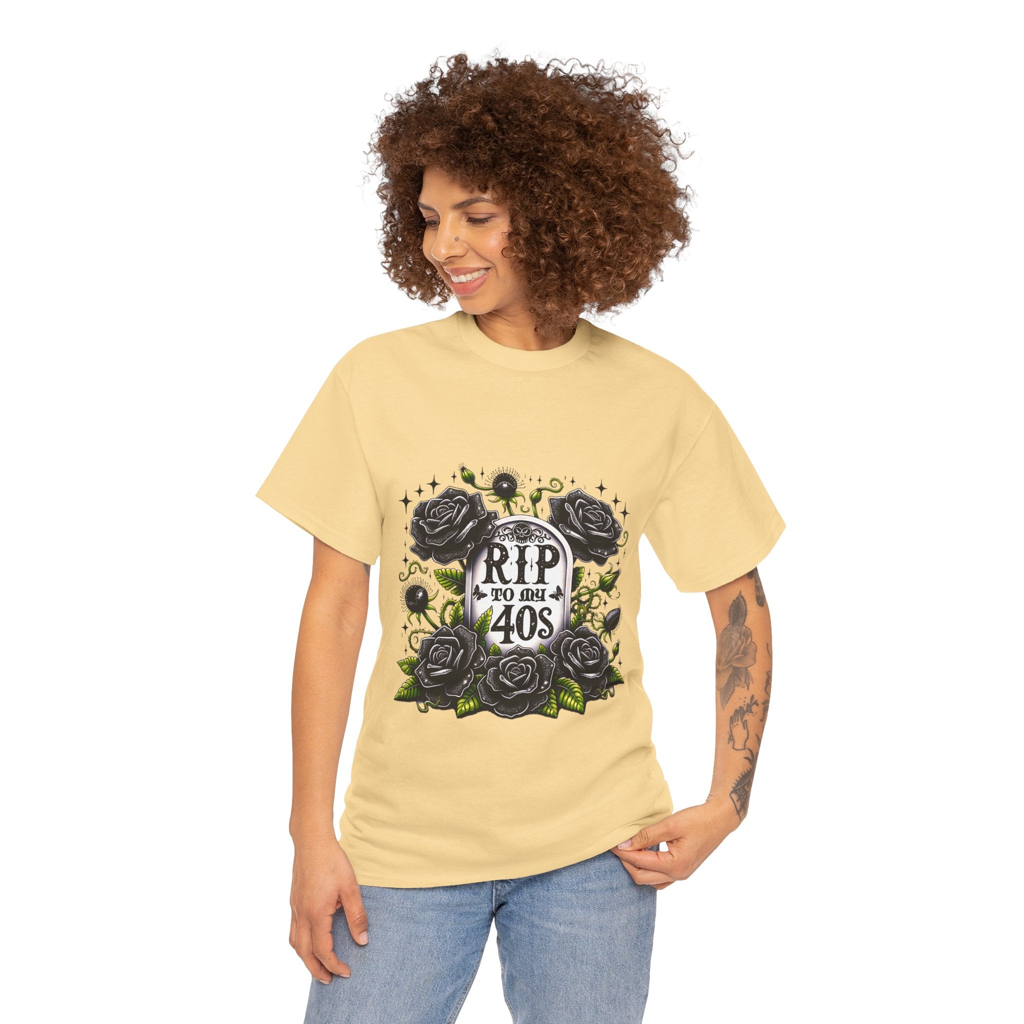 RIP to My 40s Tee, Heavy, Unisex Graphic Shirt, Birthday Gift, Casual Wear, Vintage Style, Floral Design T-shirt