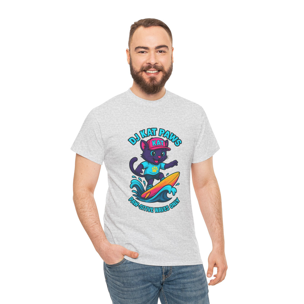DJ KAT PAWS Surfing Fun T-Shirt | Stay Cool, Have Fun, Play Safe, Be You! | Fun Summer Tee, Gift for Cat Lovers, Beach Vibes