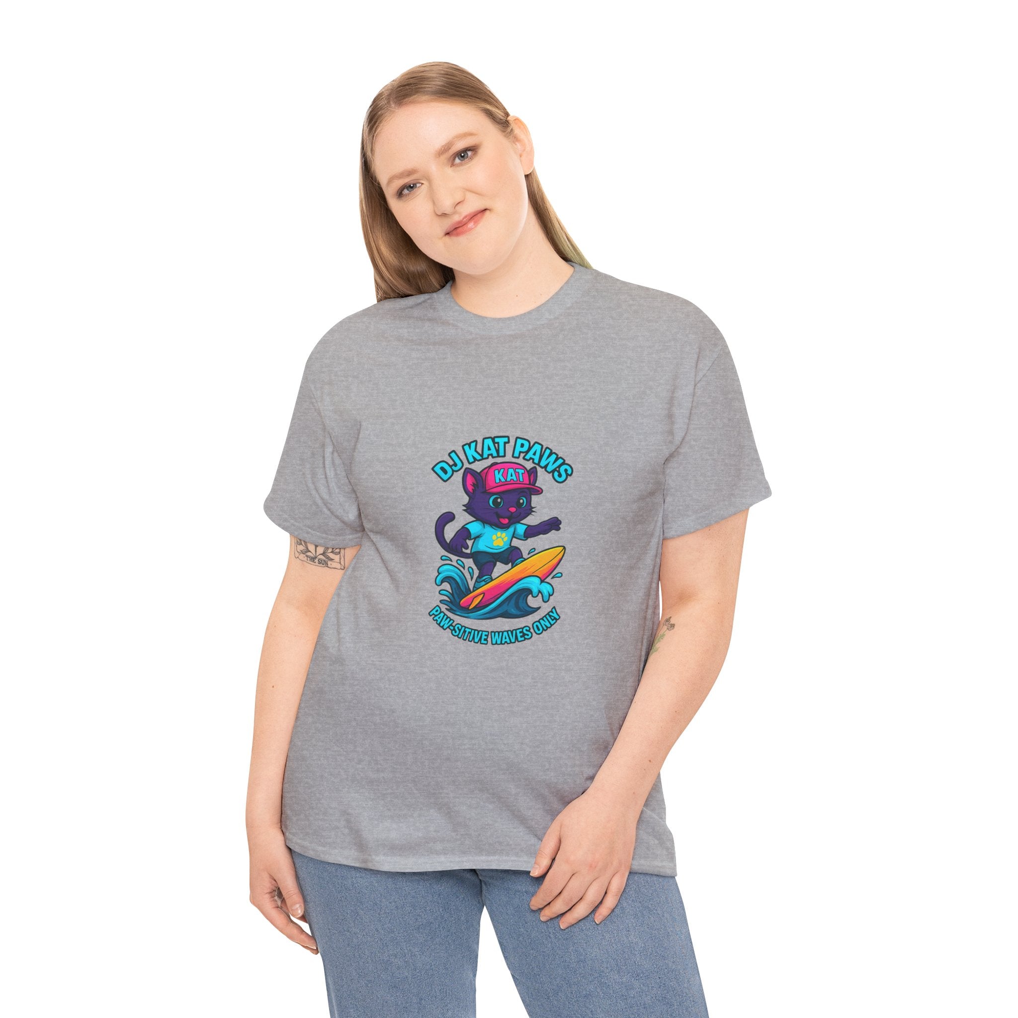 DJ KAT PAWS Surfing Fun T-Shirt | Stay Cool, Have Fun, Play Safe, Be You! | Fun Summer Tee, Gift for Cat Lovers, Beach Vibes