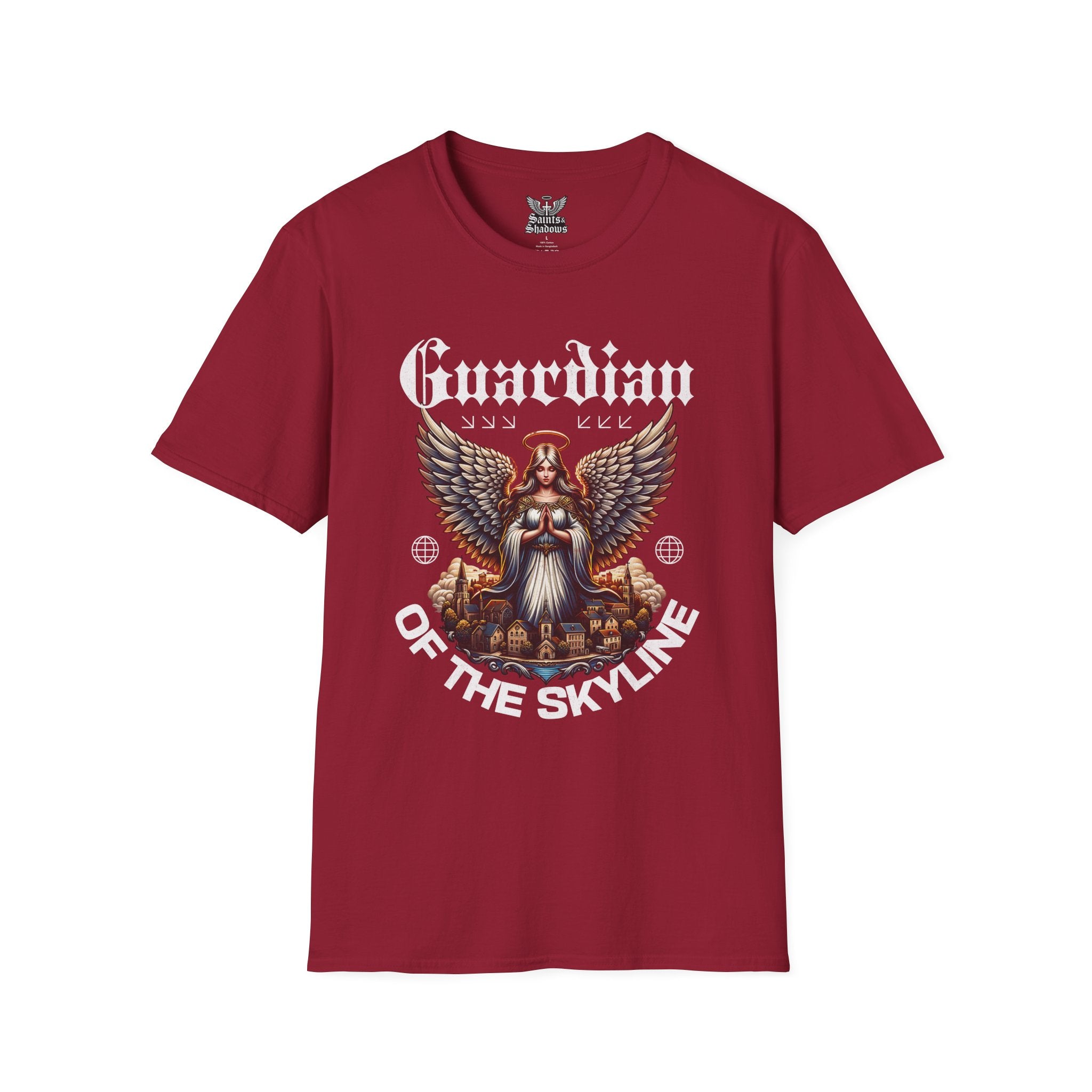 Saints and Shadows - Guardian of the Skyline, Angelic Artwork Unisex Softstyle T-Shirt, Casual Wear