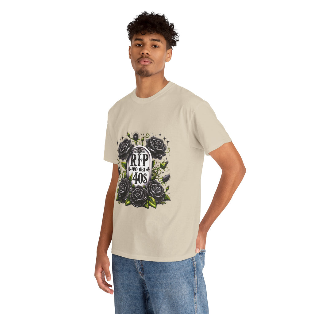 RIP to My 40s Tee, Heavy, Unisex Graphic Shirt, Birthday Gift, Casual Wear, Vintage Style, Floral Design T-shirt