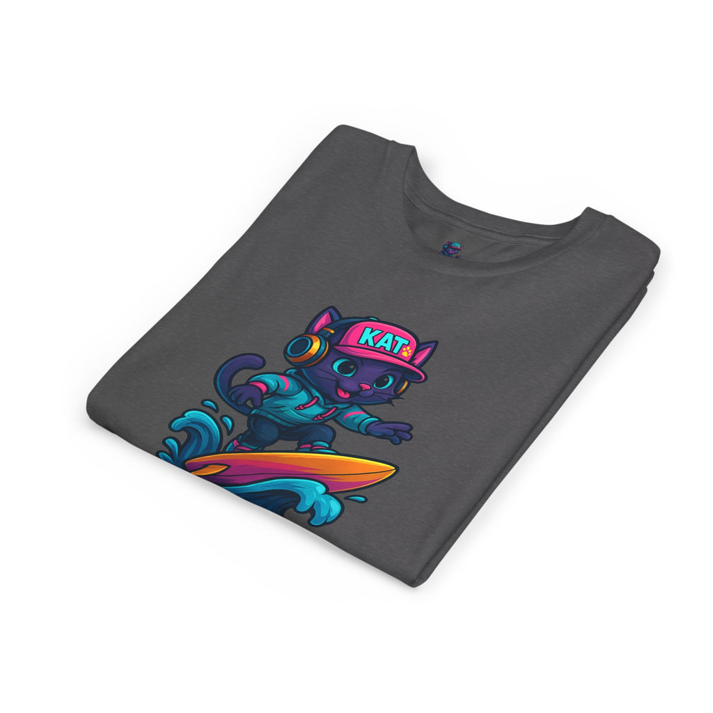 DJ KAT PAWS Paw-Sitive Waves Only, Youth Tee | Kids Surfing T-Shirt, Fun Cat Graphic Top, Summer Apparel, Gifts for Animal Lovers