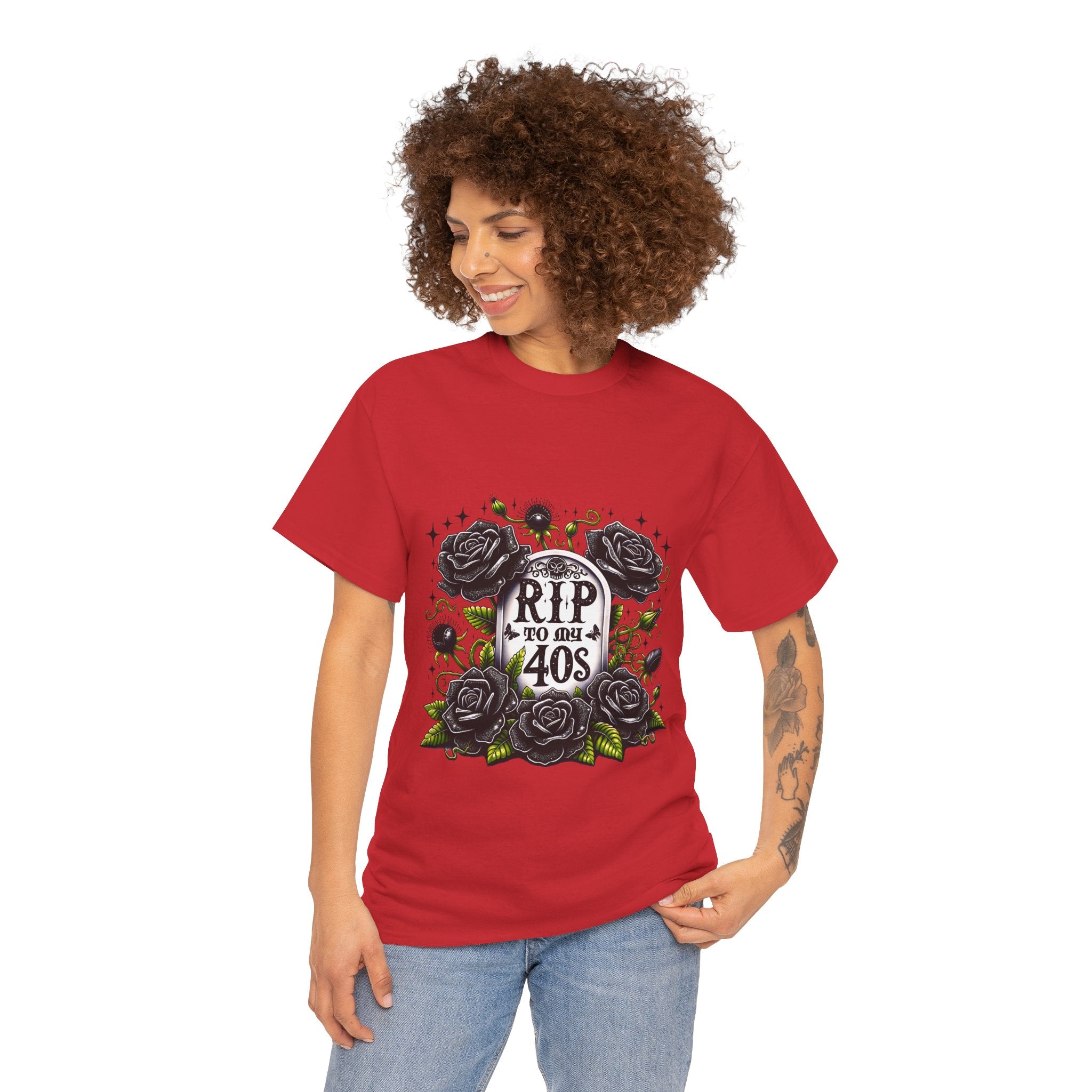RIP to My 40s Tee, Heavy, Unisex Graphic Shirt, Birthday Gift, Casual Wear, Vintage Style, Floral Design T-shirt