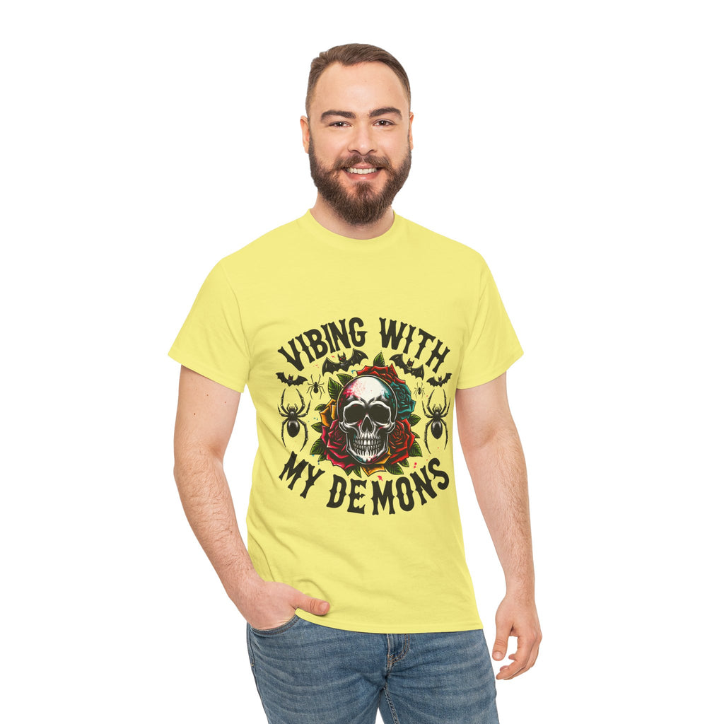 Vibing With My Demons, Halloween Skeleton & Pumpkin Tee, Spooky Season Apparel, Fall Fashion, Gift for Halloween Lovers