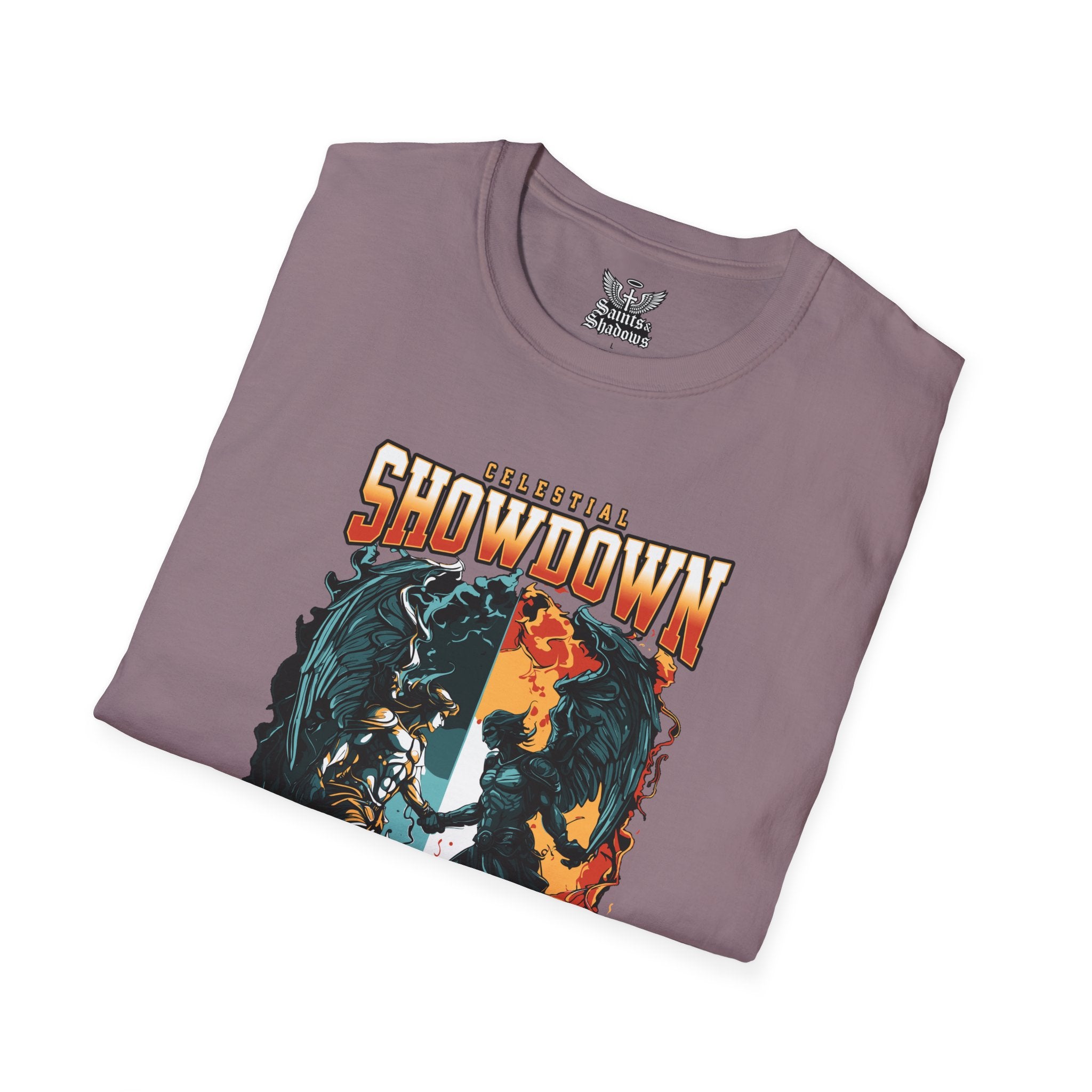 Saints and Shadows - Epic Showdown, Angelic Artwork Unisex Softstyle T-Shirt, Casual Wear