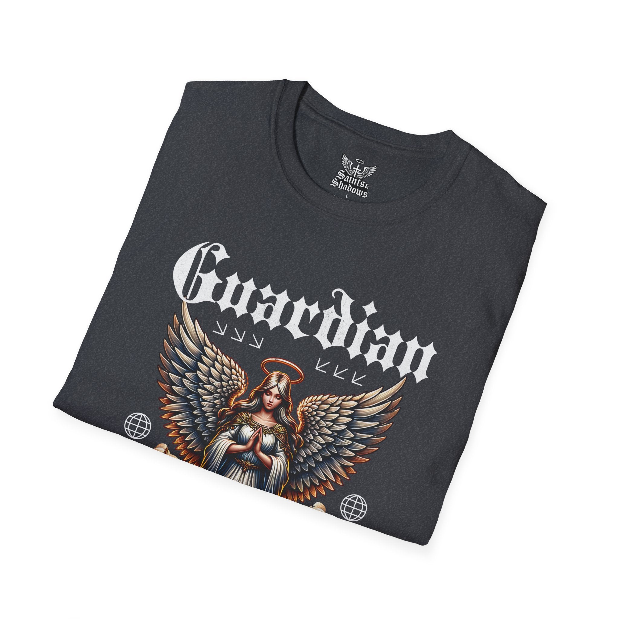Saints and Shadows - Guardian of the Skyline, Angelic Artwork Unisex Softstyle T-Shirt, Casual Wear