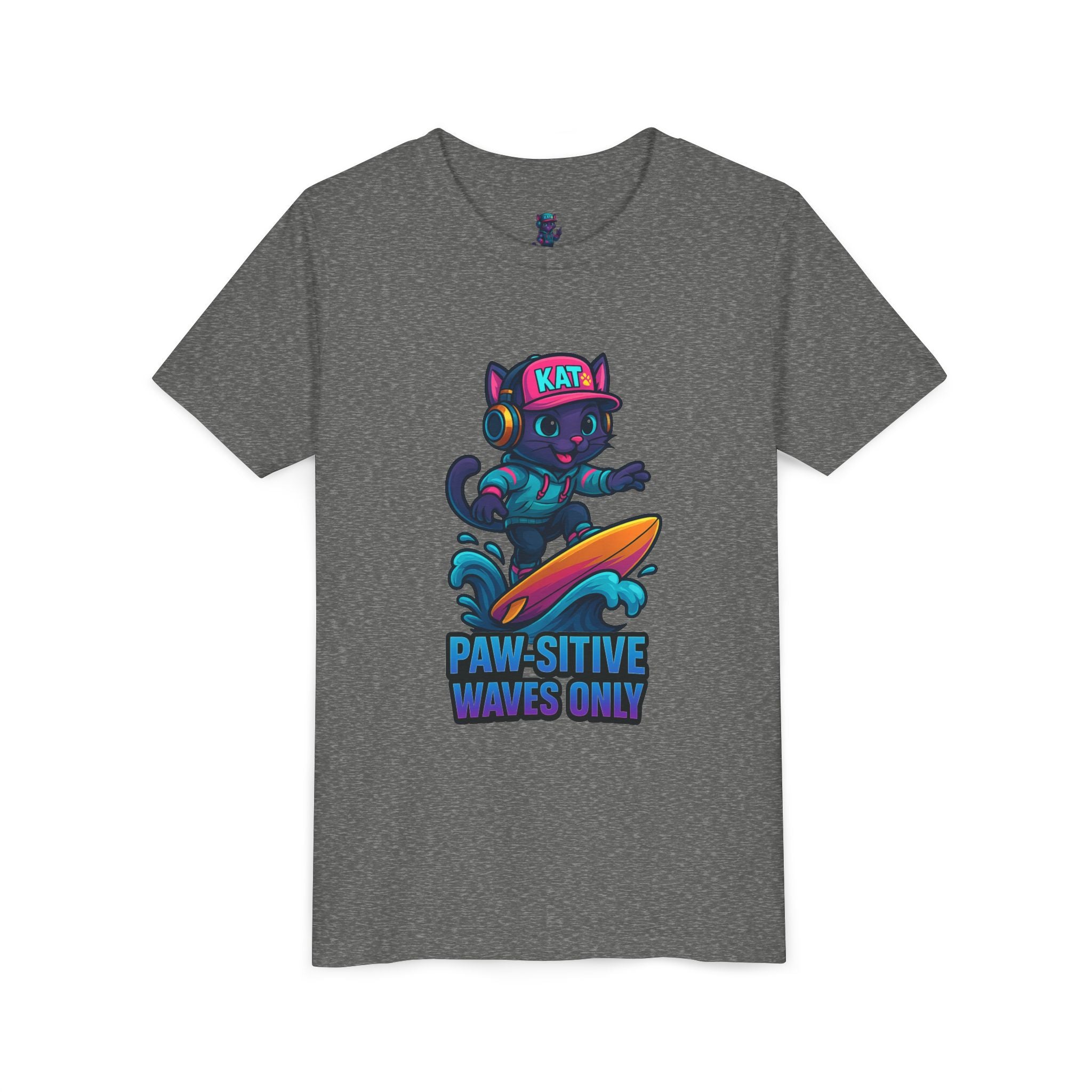 DJ KAT PAWS Paw-Sitive Waves Only, Youth Tee | Kids Surfing T-Shirt, Fun Cat Graphic Top, Summer Apparel, Gifts for Animal Lovers