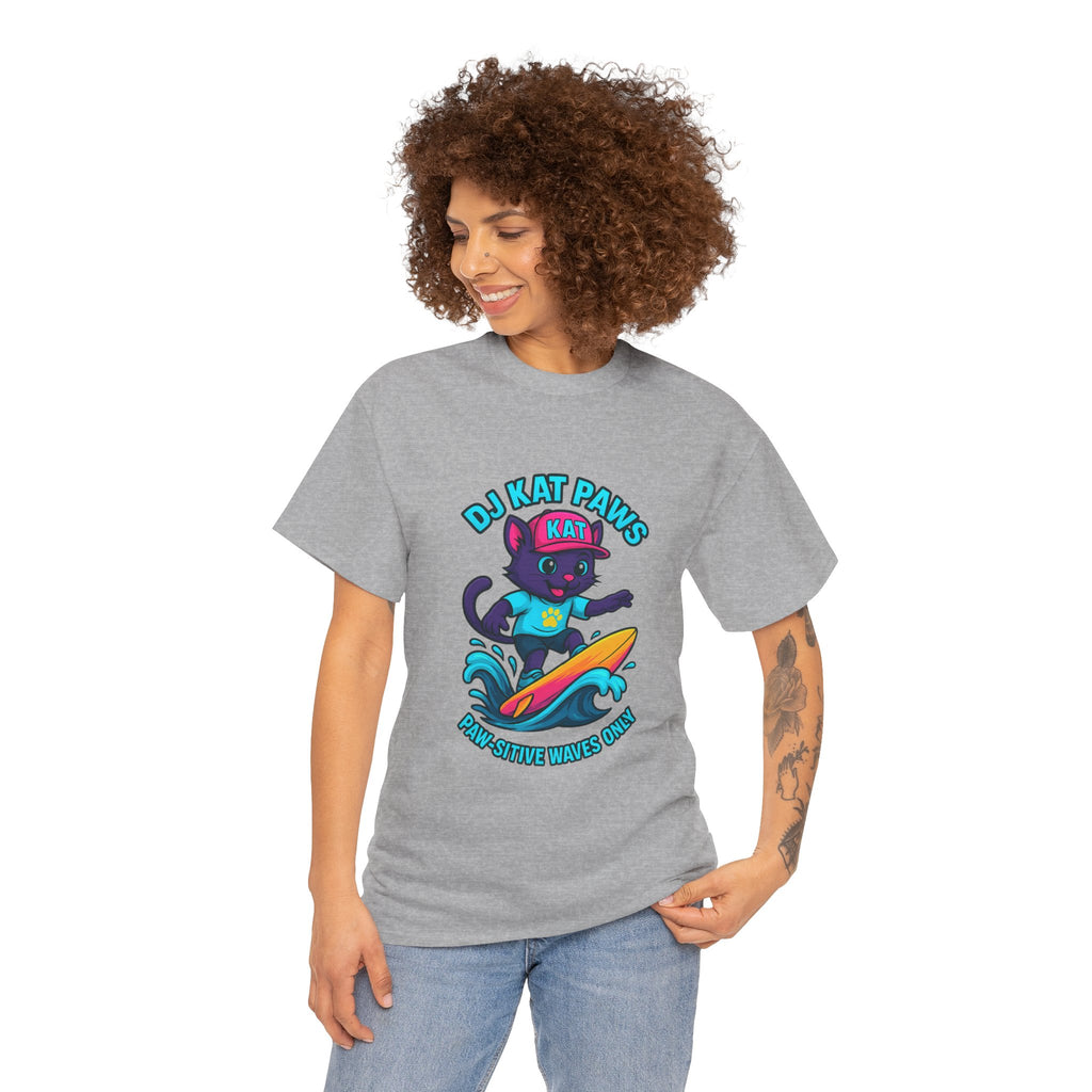 DJ KAT PAWS Surfing Fun T-Shirt | Stay Cool, Have Fun, Play Safe, Be You! | Fun Summer Tee, Gift for Cat Lovers, Beach Vibes