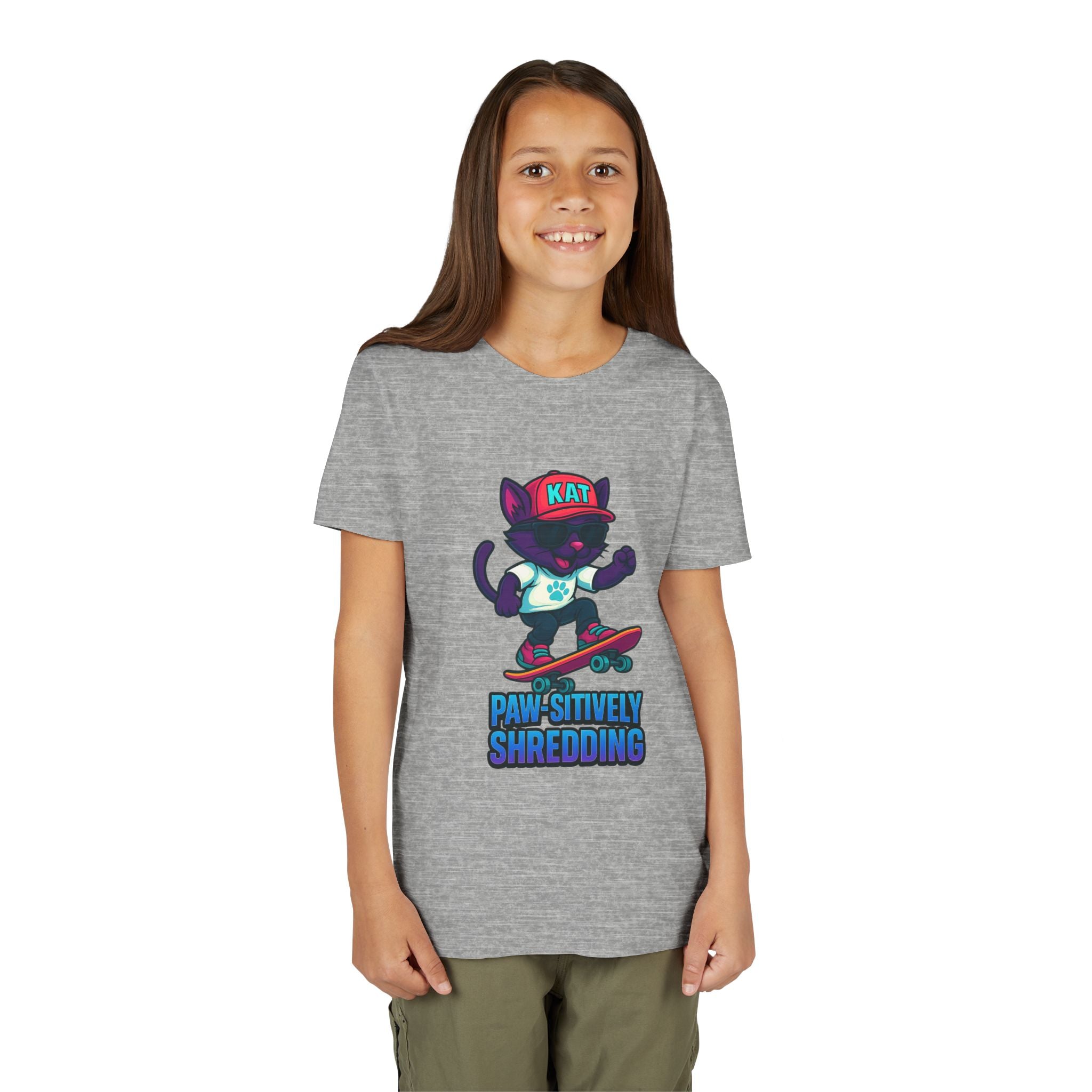 DJ KAT PAWS Paw-sitively Shredding, Skateboarding Youth Tee | Fun Summer Shirt, Motivational Kids T-Shirt, Birthday Gift for Boys & Girls