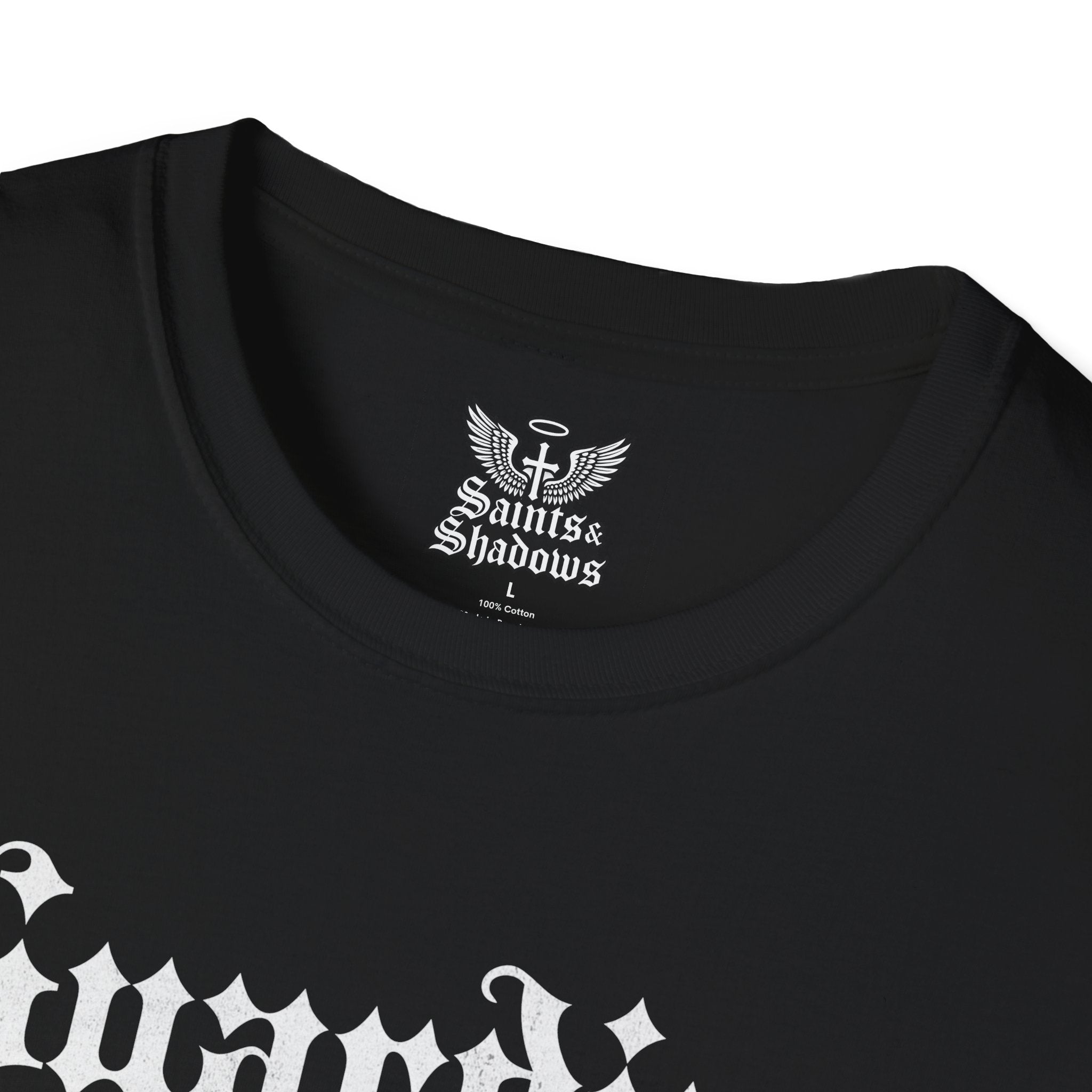 Saints and Shadows - Guardian of the Skyline, Angelic Artwork Unisex Softstyle T-Shirt, Casual Wear