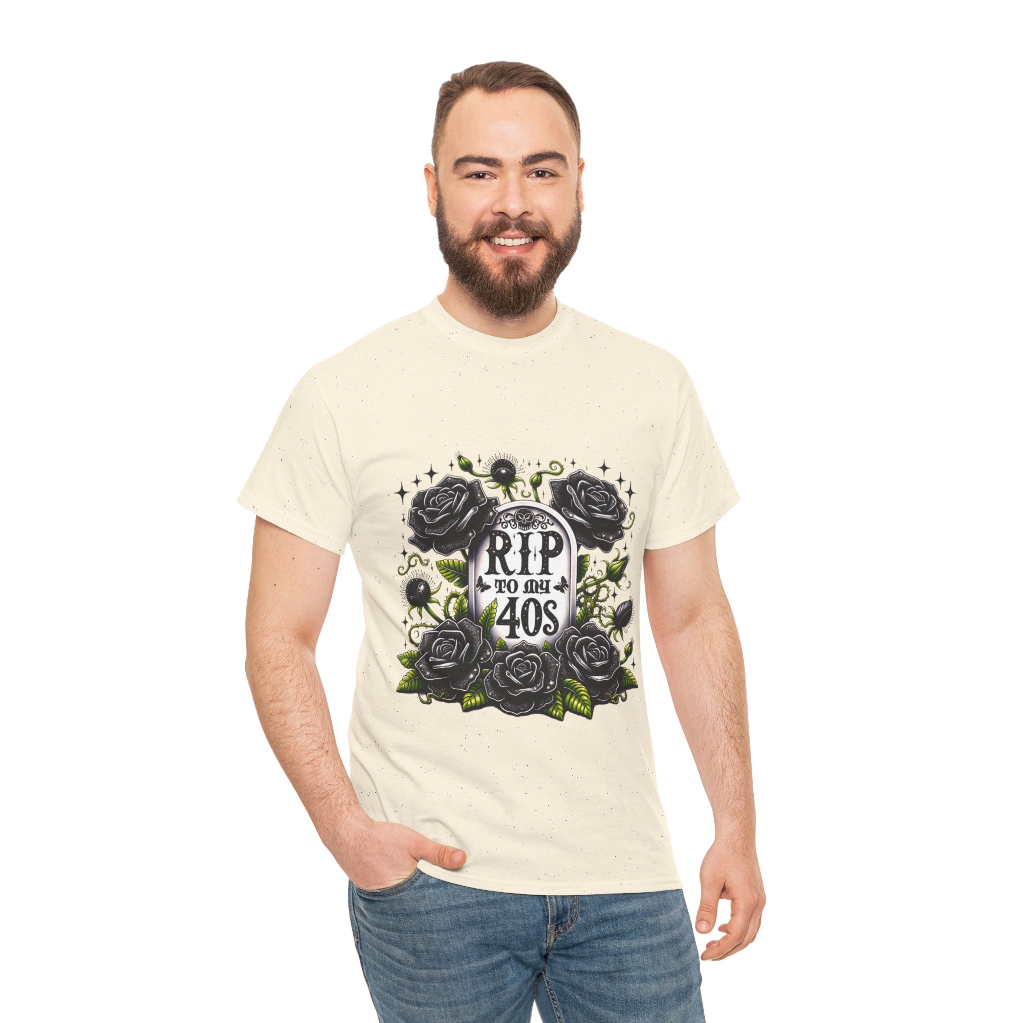 RIP to My 40s Tee, Heavy, Unisex Graphic Shirt, Birthday Gift, Casual Wear, Vintage Style, Floral Design T-shirt