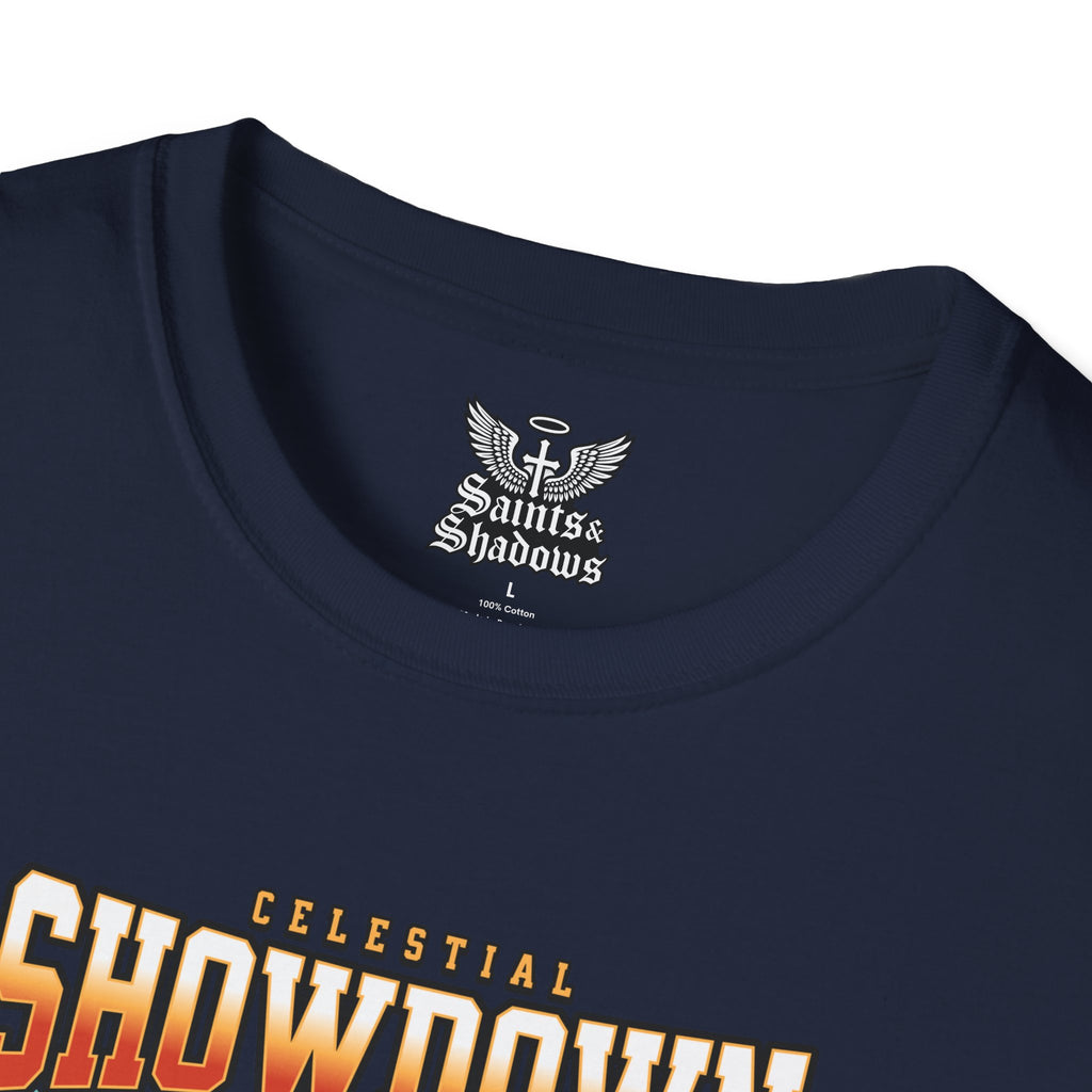 Saints and Shadows - Epic Showdown, Angelic Artwork Unisex Softstyle T-Shirt, Casual Wear
