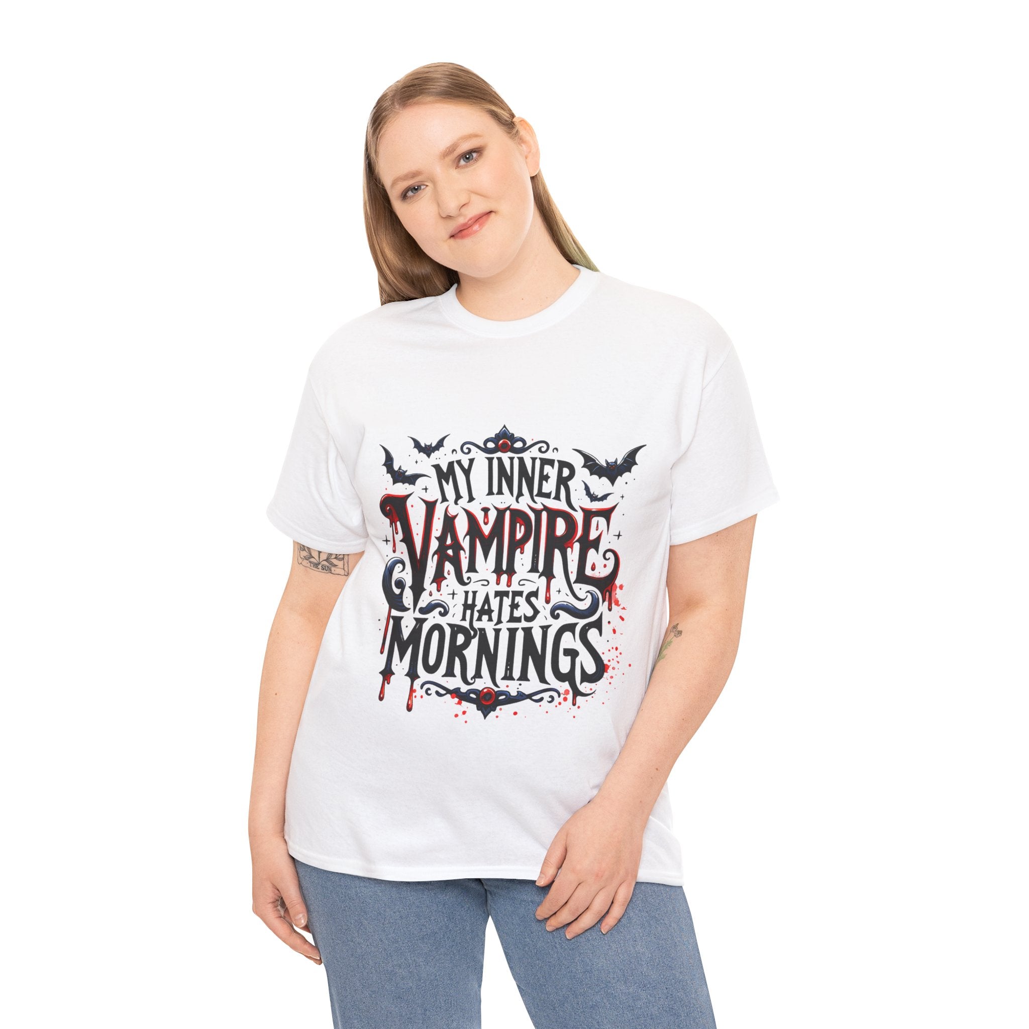 My Inner Vampire Hates Mornings, Tee - Unisex Heavy Cotton Shirt for Halloween, Gifts, Casual Wear, Funny T-Shirt, Vampire Lover Apparel