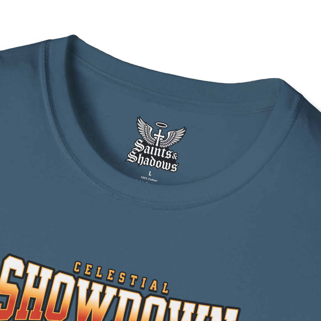 Saints and Shadows - Epic Showdown, Angelic Artwork Unisex Softstyle T-Shirt, Casual Wear