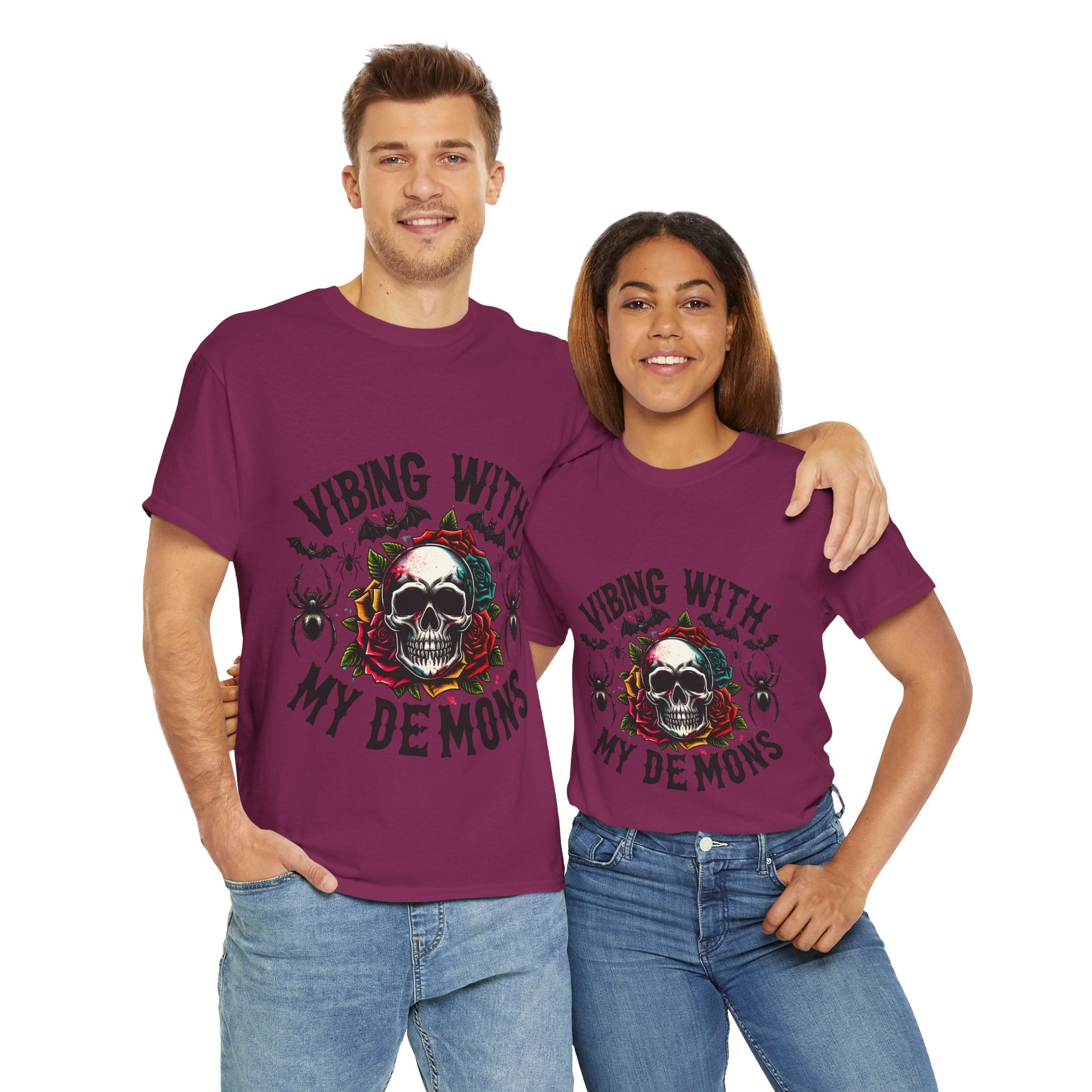 Vibing With My Demons, Halloween Skeleton & Pumpkin Tee, Spooky Season Apparel, Fall Fashion, Gift for Halloween Lovers