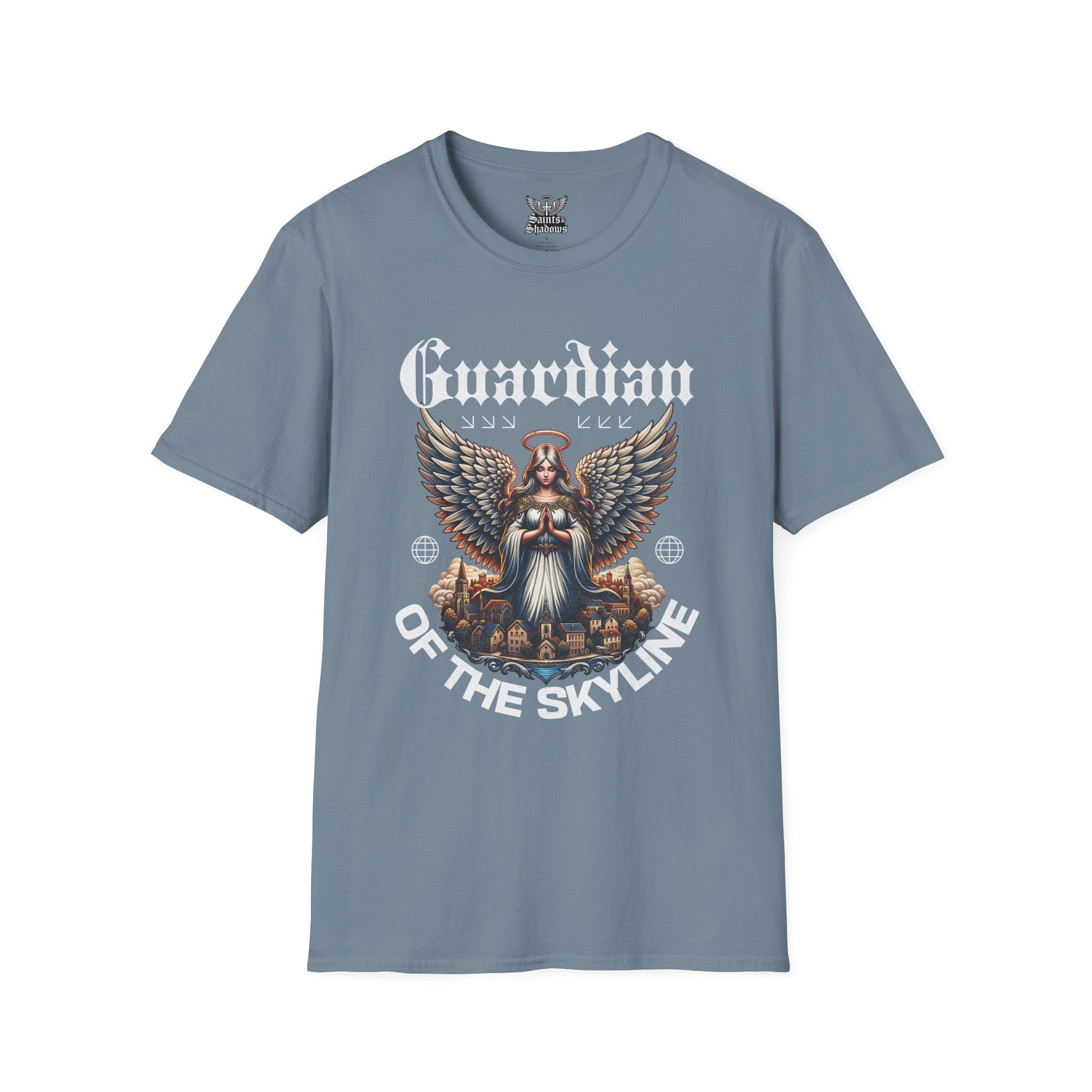 Saints and Shadows - Guardian of the Skyline, Angelic Artwork Unisex Softstyle T-Shirt, Casual Wear