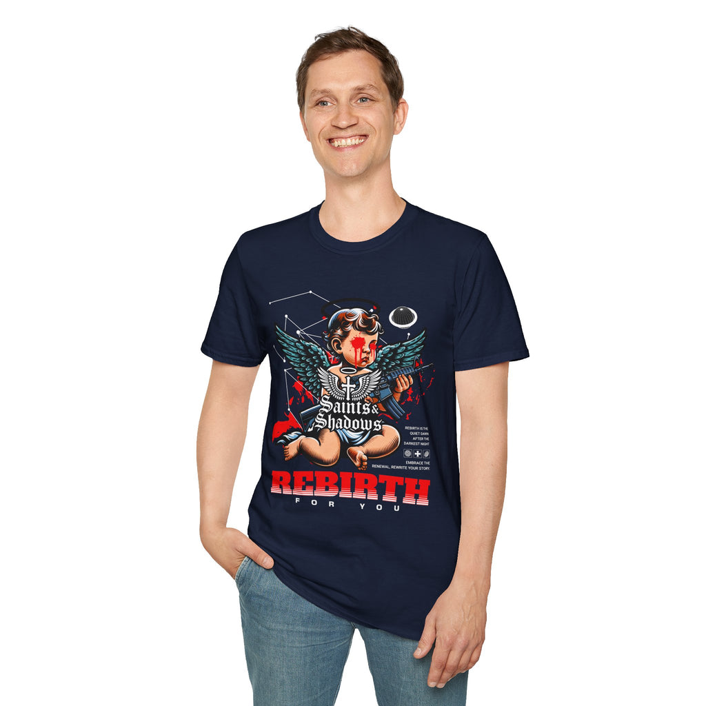 Saints and Shadows - Rebirth, Angelic Artwork Unisex Softstyle T-Shirt, Casual Wear