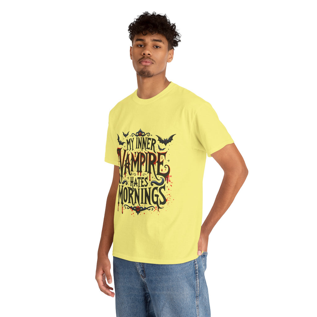 My Inner Vampire Hates Mornings, Tee - Unisex Heavy Cotton Shirt for Halloween, Gifts, Casual Wear, Funny T-Shirt, Vampire Lover Apparel