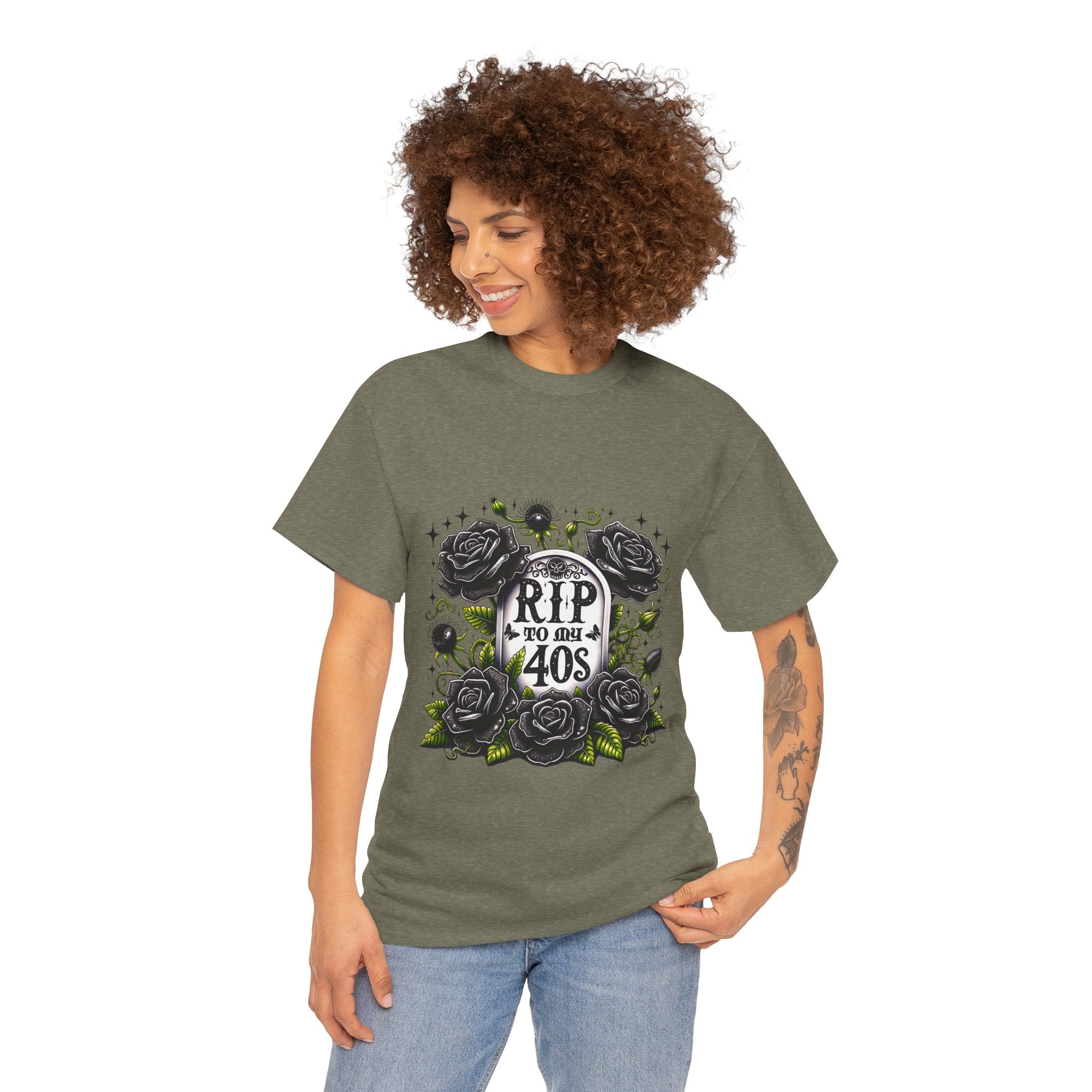 RIP to My 40s Tee, Heavy, Unisex Graphic Shirt, Birthday Gift, Casual Wear, Vintage Style, Floral Design T-shirt