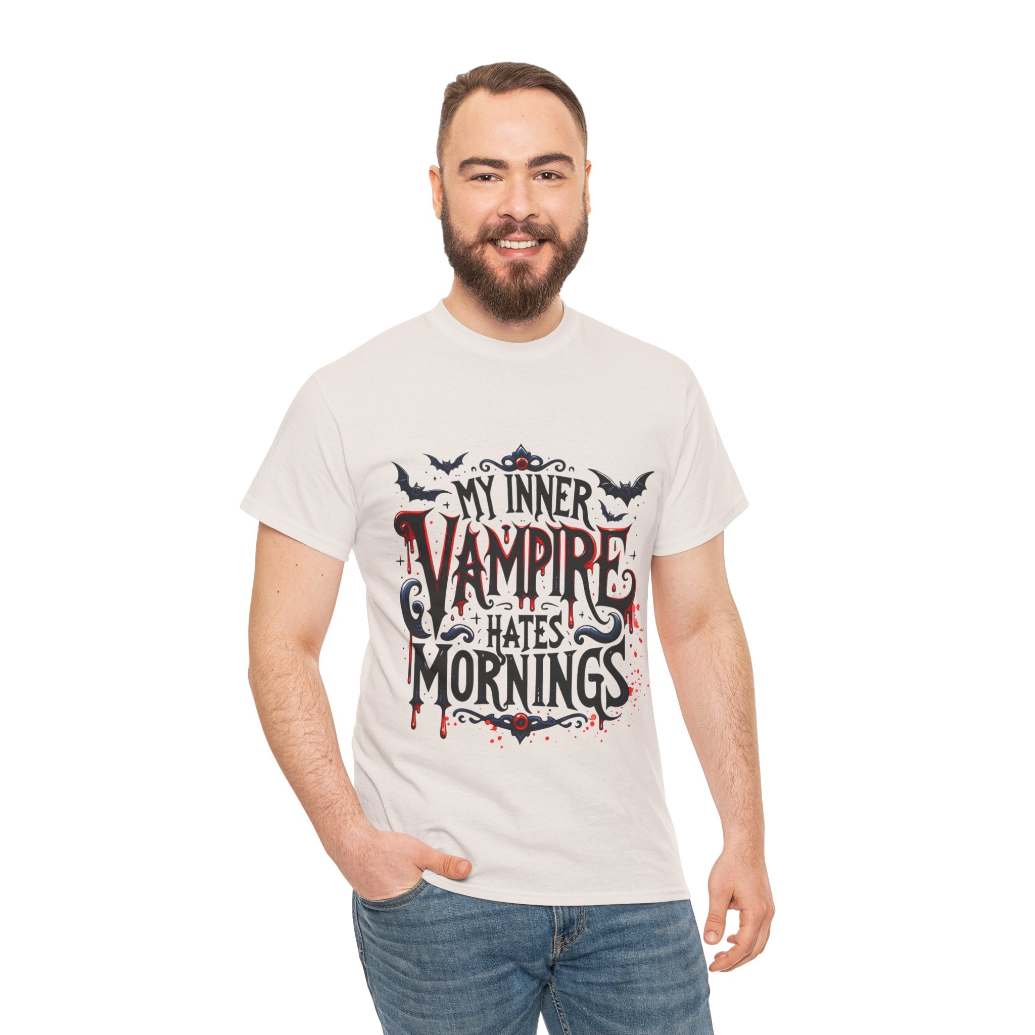My Inner Vampire Hates Mornings, Tee - Unisex Heavy Cotton Shirt for Halloween, Gifts, Casual Wear, Funny T-Shirt, Vampire Lover Apparel