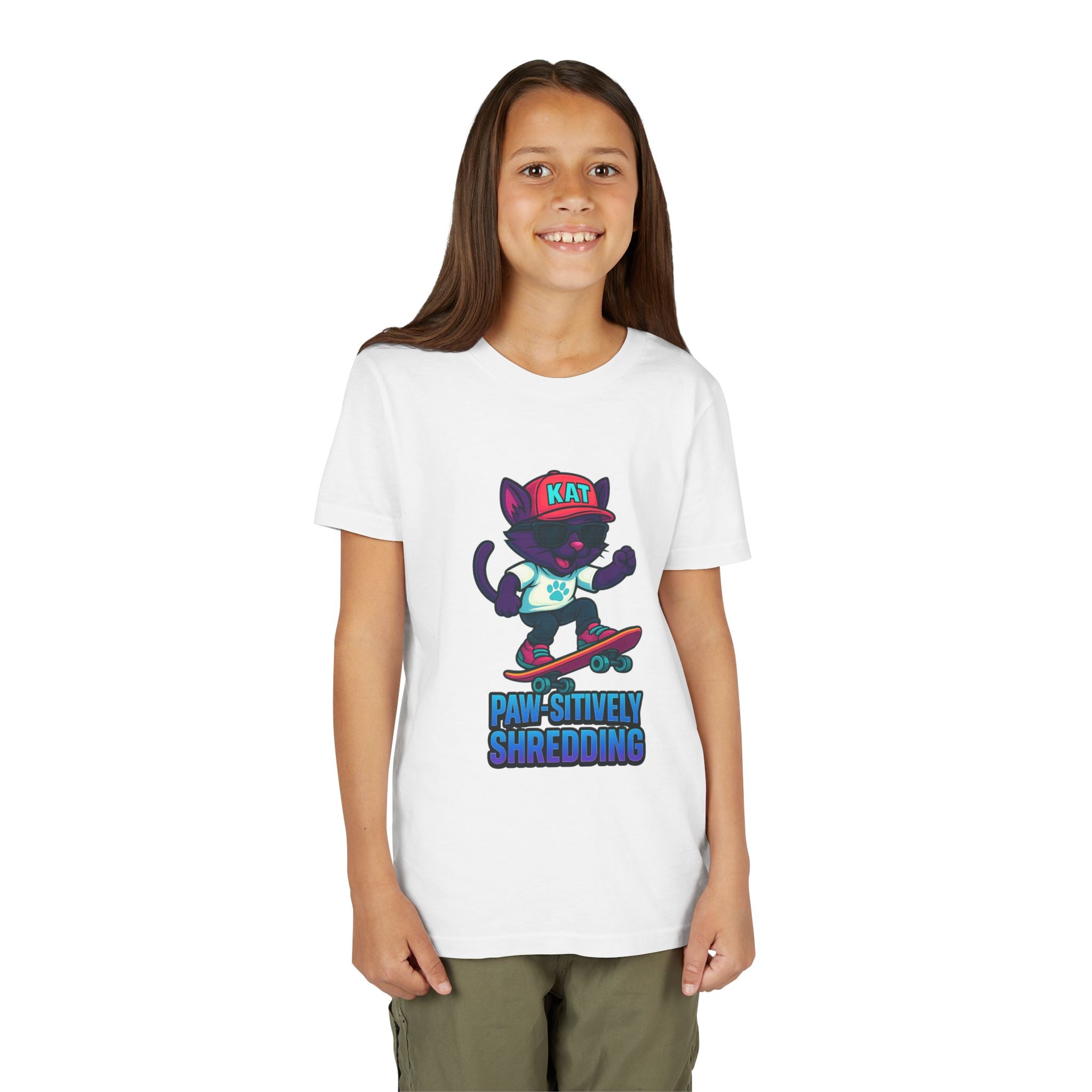 DJ KAT PAWS Paw-sitively Shredding, Skateboarding Youth Tee | Fun Summer Shirt, Motivational Kids T-Shirt, Birthday Gift for Boys & Girls