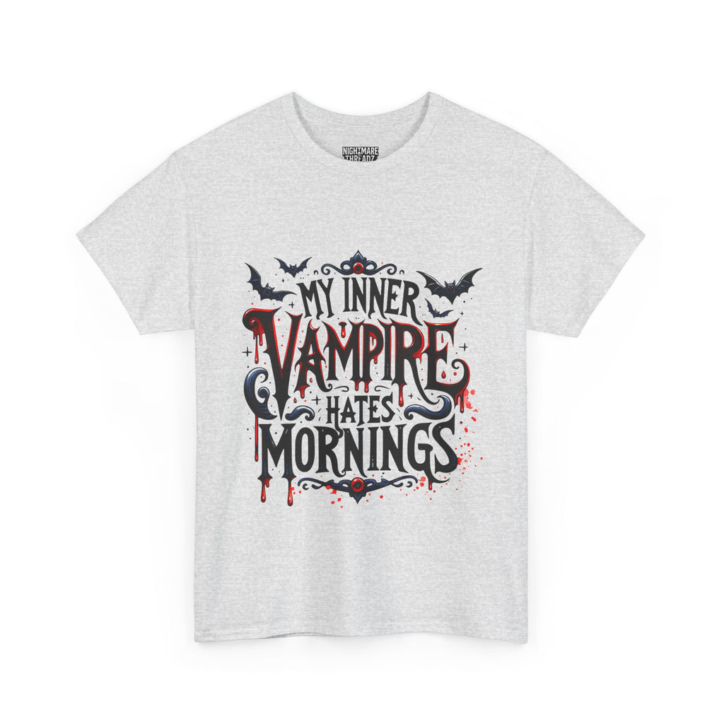 My Inner Vampire Hates Mornings, Tee - Unisex Heavy Cotton Shirt for Halloween, Gifts, Casual Wear, Funny T-Shirt, Vampire Lover Apparel