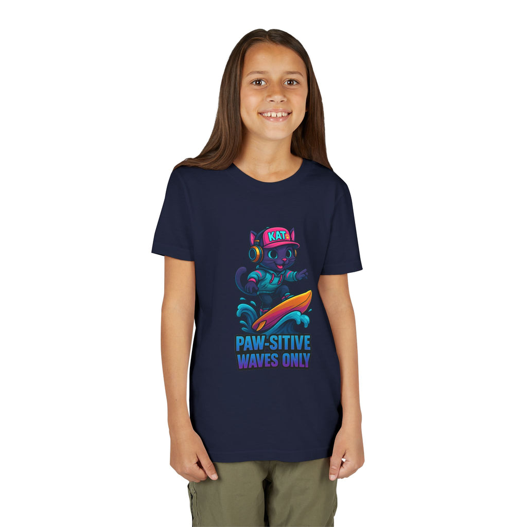 DJ KAT PAWS Paw-Sitive Waves Only, Youth Tee | Kids Surfing T-Shirt, Fun Cat Graphic Top, Summer Apparel, Gifts for Animal Lovers