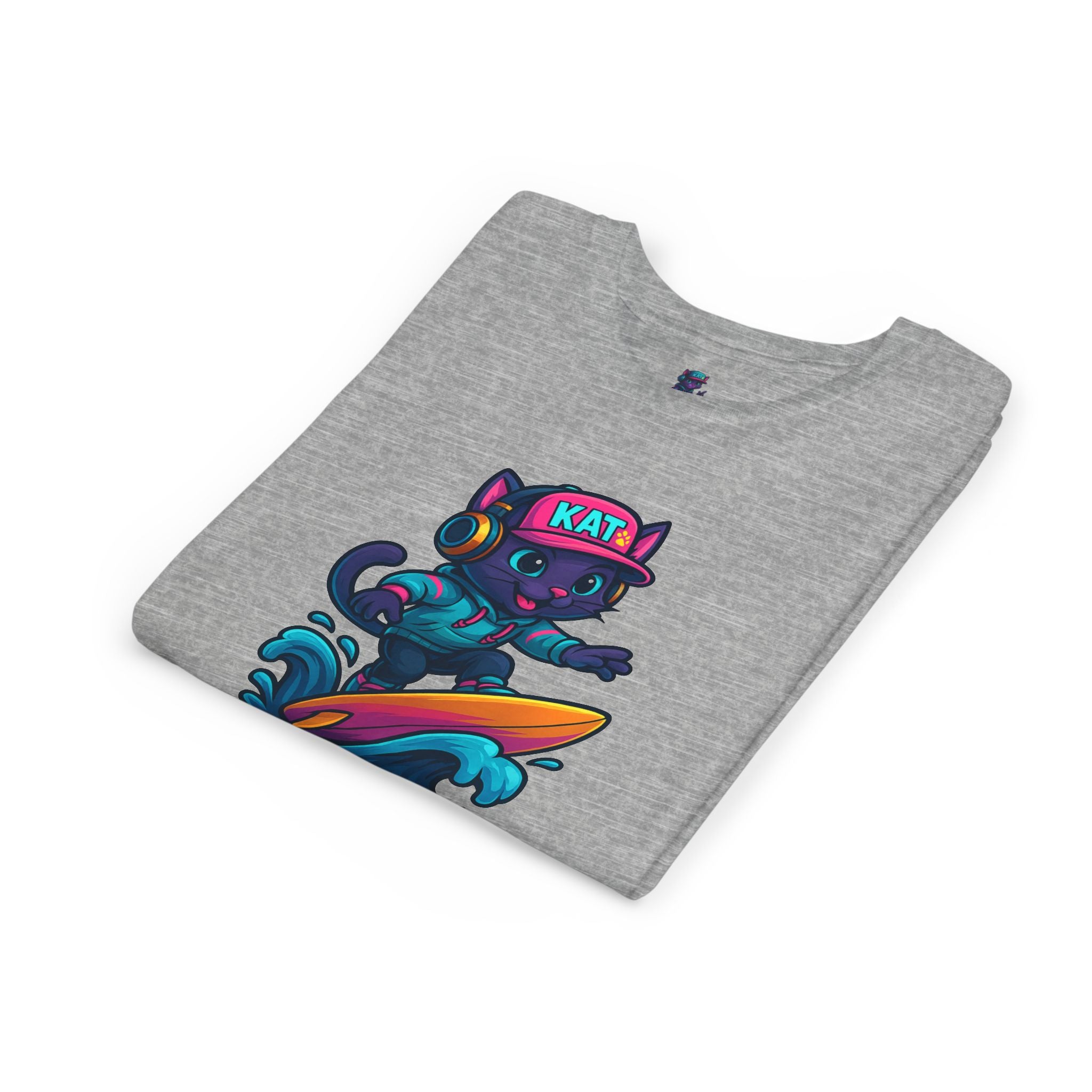 DJ KAT PAWS Paw-Sitive Waves Only, Youth Tee | Kids Surfing T-Shirt, Fun Cat Graphic Top, Summer Apparel, Gifts for Animal Lovers