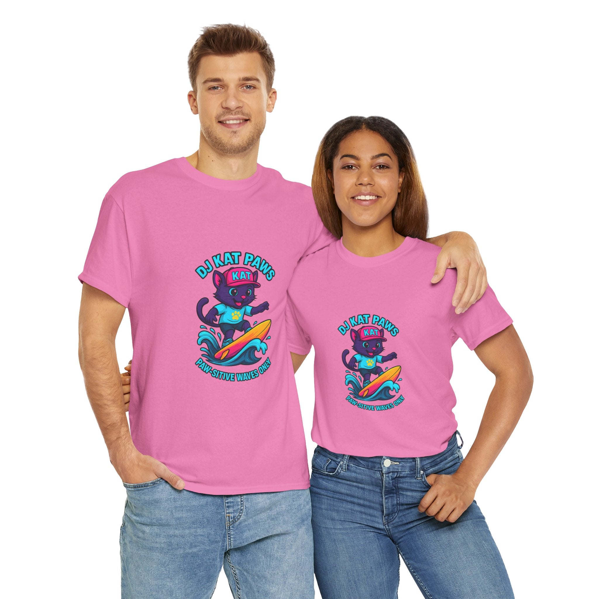 DJ KAT PAWS Surfing Fun T-Shirt | Stay Cool, Have Fun, Play Safe, Be You! | Fun Summer Tee, Gift for Cat Lovers, Beach Vibes