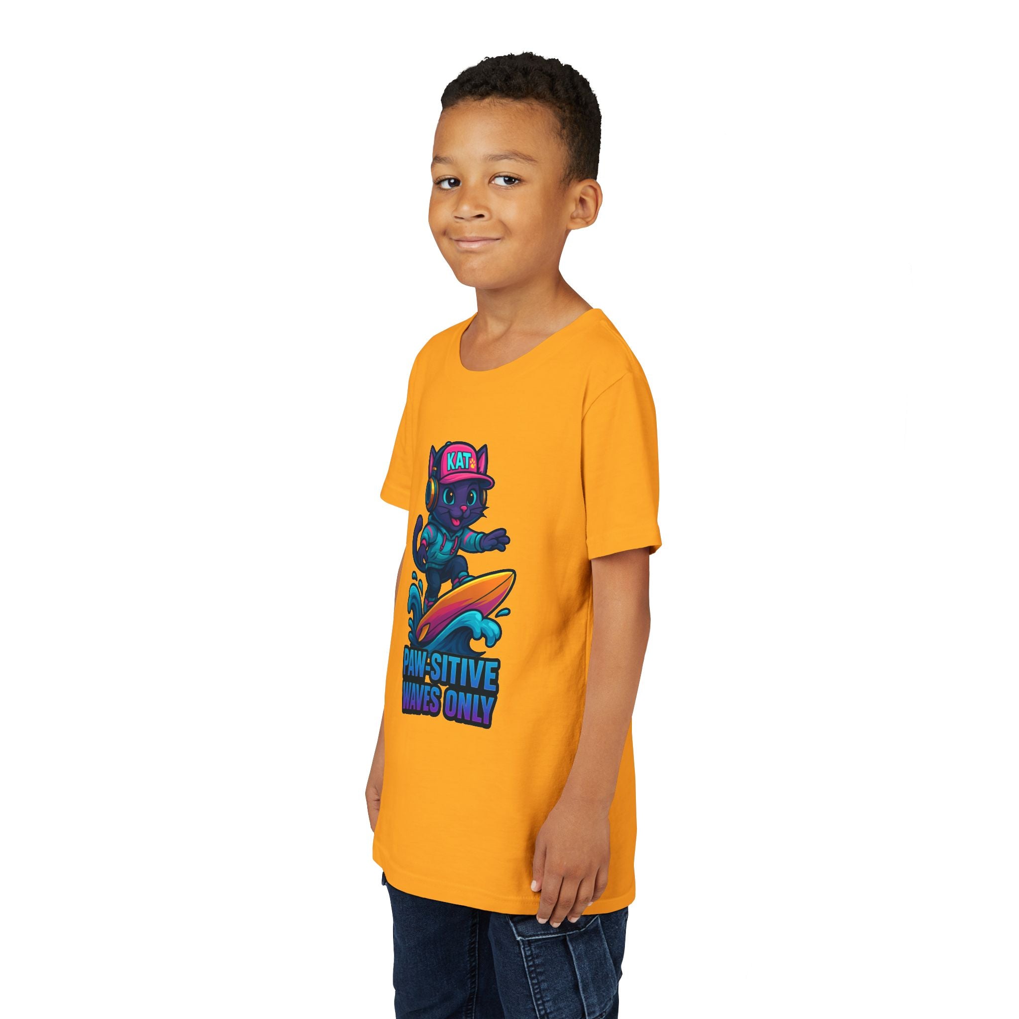 DJ KAT PAWS Paw-Sitive Waves Only, Youth Tee | Kids Surfing T-Shirt, Fun Cat Graphic Top, Summer Apparel, Gifts for Animal Lovers