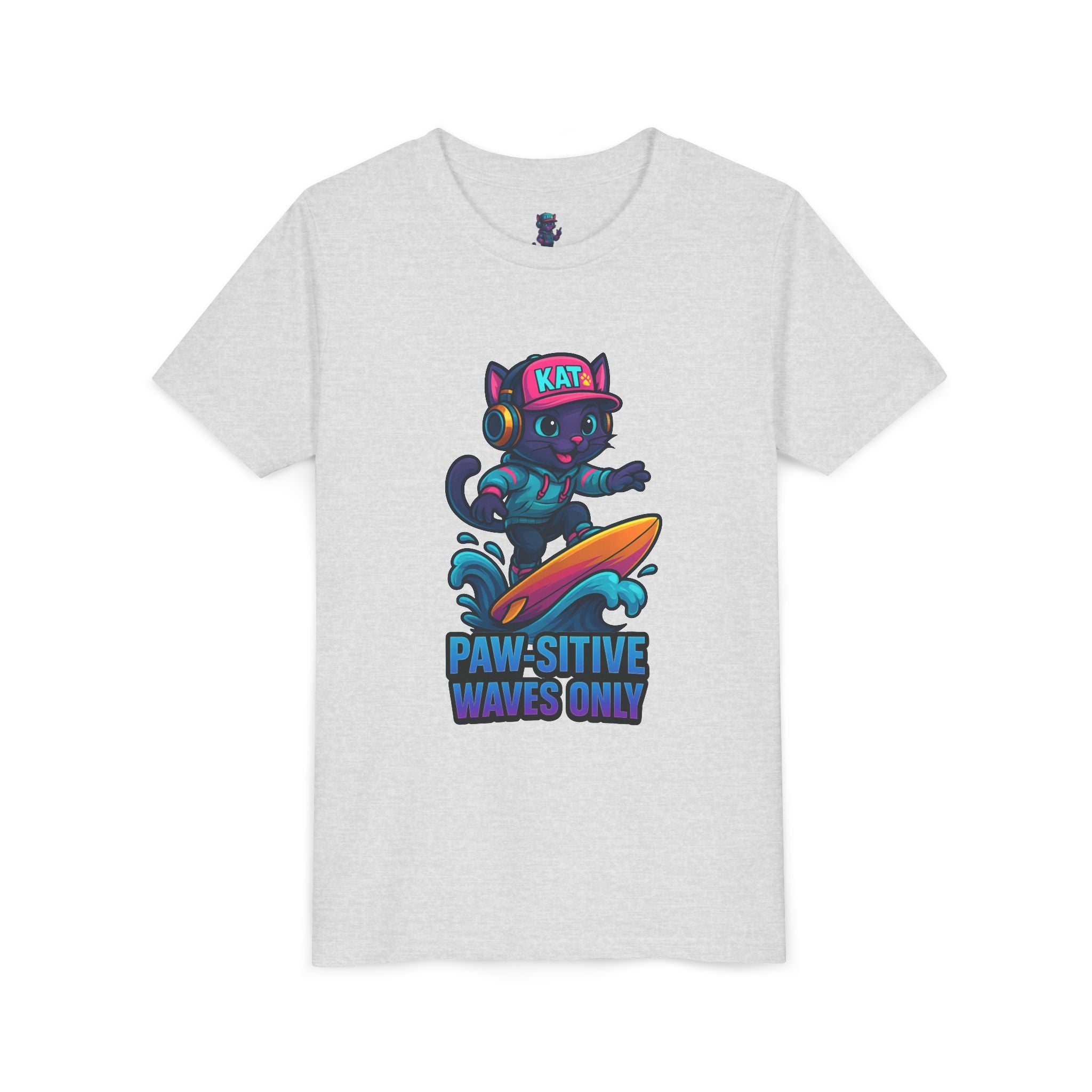 DJ KAT PAWS Paw-Sitive Waves Only, Youth Tee | Kids Surfing T-Shirt, Fun Cat Graphic Top, Summer Apparel, Gifts for Animal Lovers