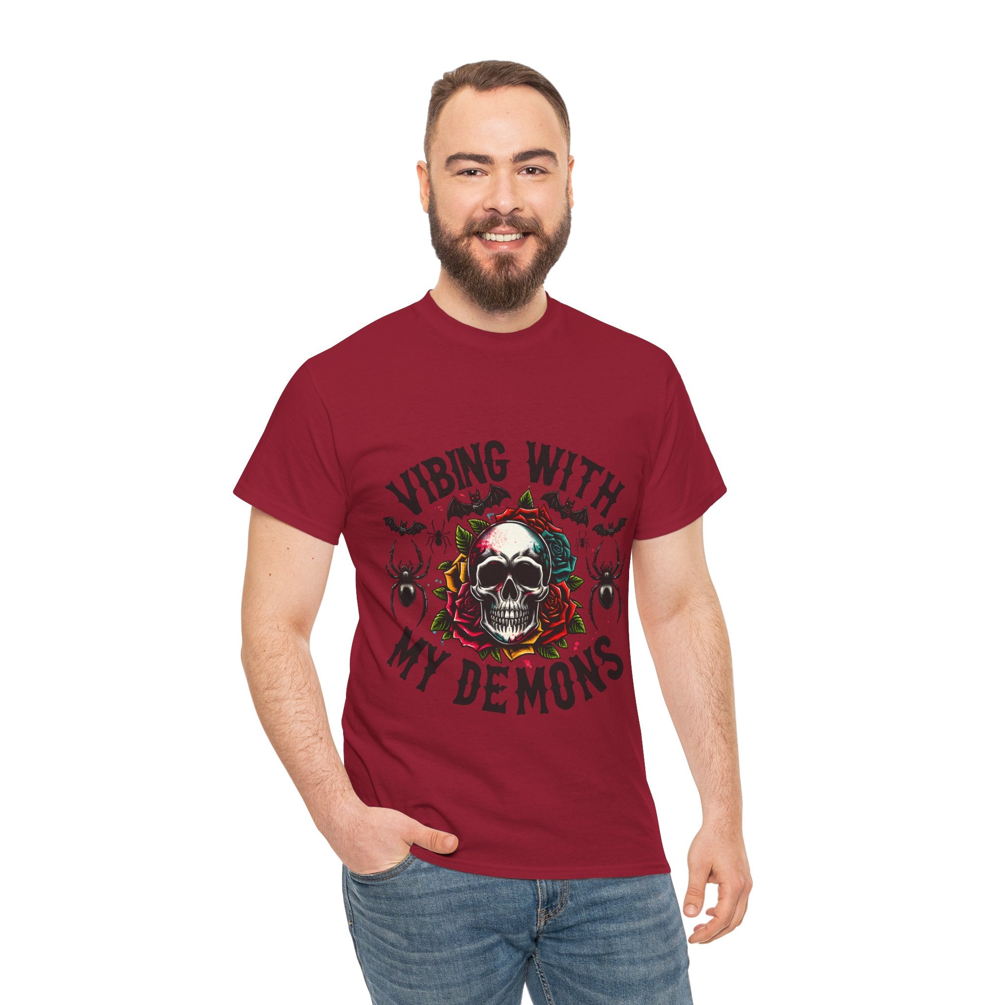 Vibing With My Demons, Halloween Skeleton & Pumpkin Tee, Spooky Season Apparel, Fall Fashion, Gift for Halloween Lovers