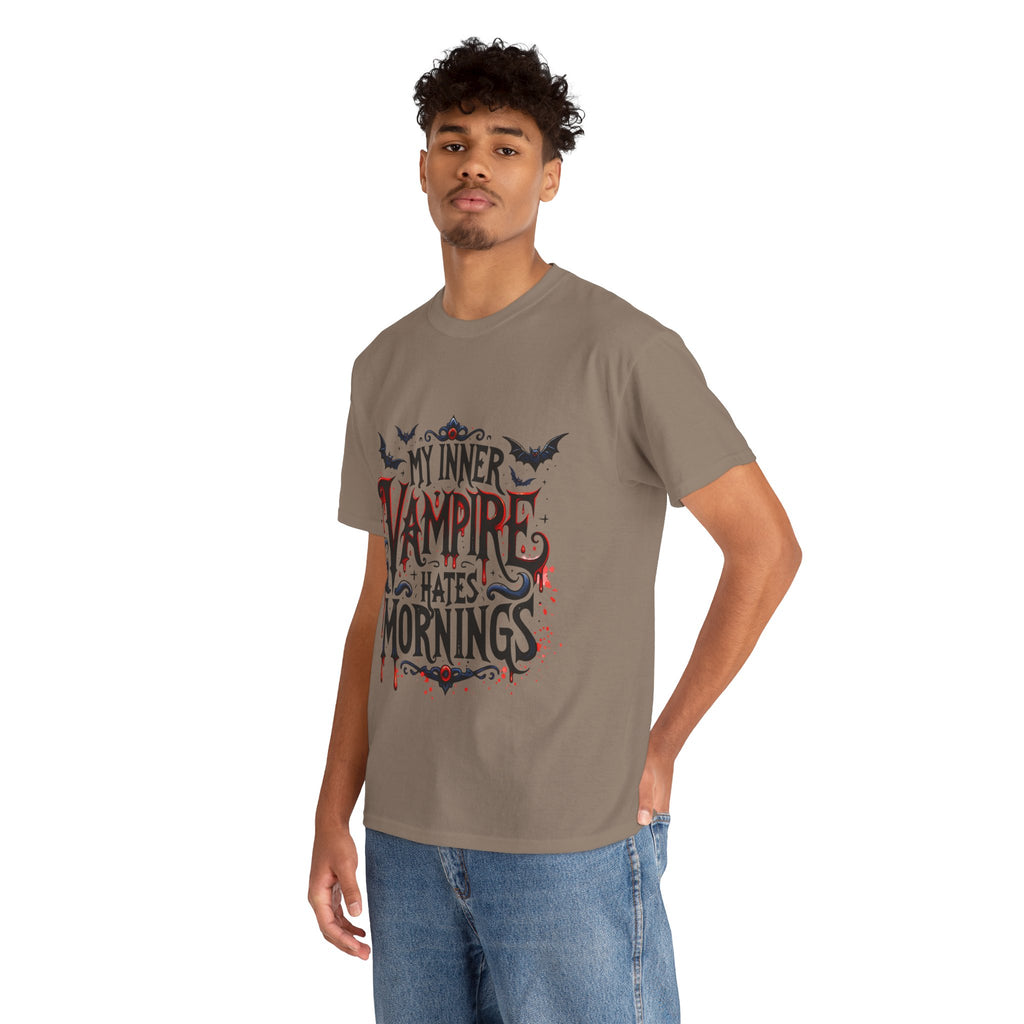 My Inner Vampire Hates Mornings, Tee - Unisex Heavy Cotton Shirt for Halloween, Gifts, Casual Wear, Funny T-Shirt, Vampire Lover Apparel