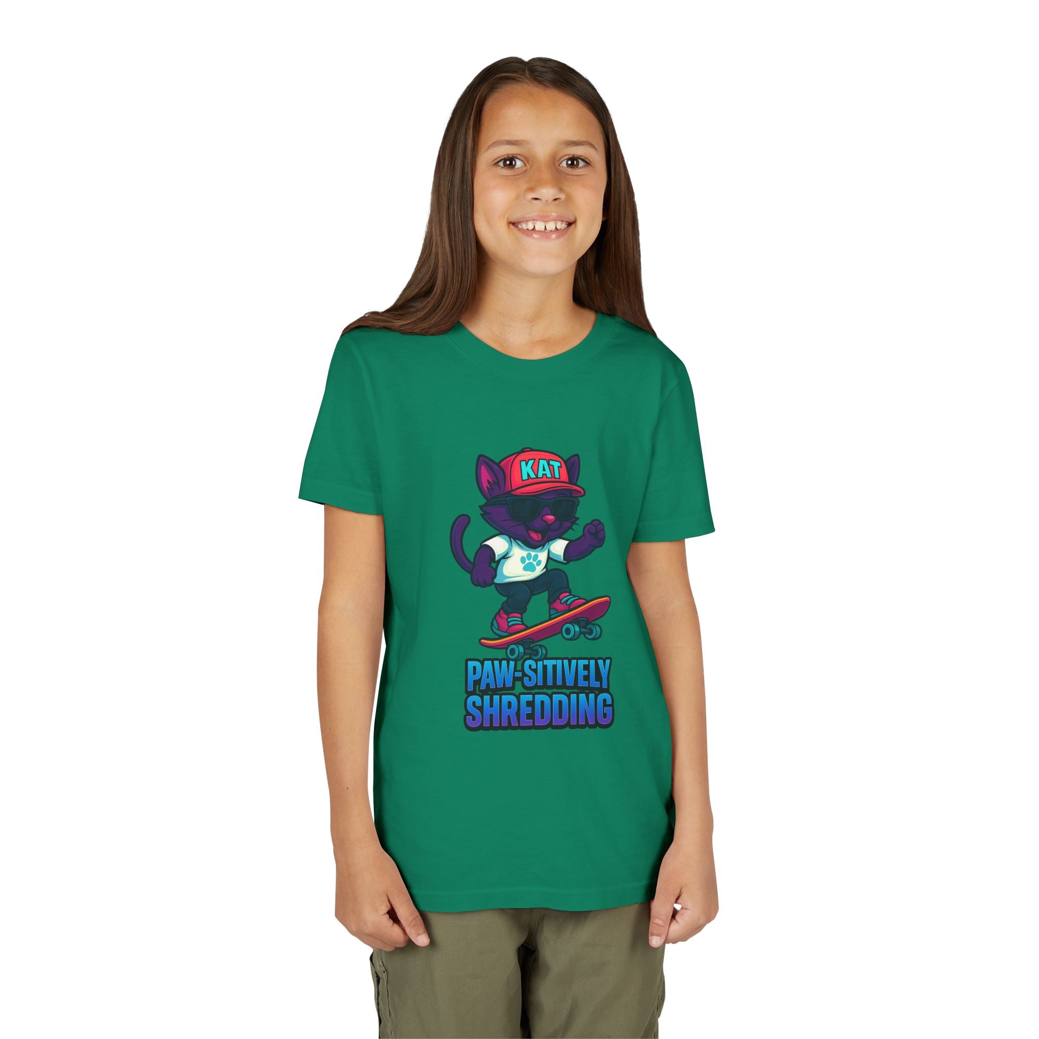 DJ KAT PAWS Paw-sitively Shredding, Skateboarding Youth Tee | Fun Summer Shirt, Motivational Kids T-Shirt, Birthday Gift for Boys & Girls
