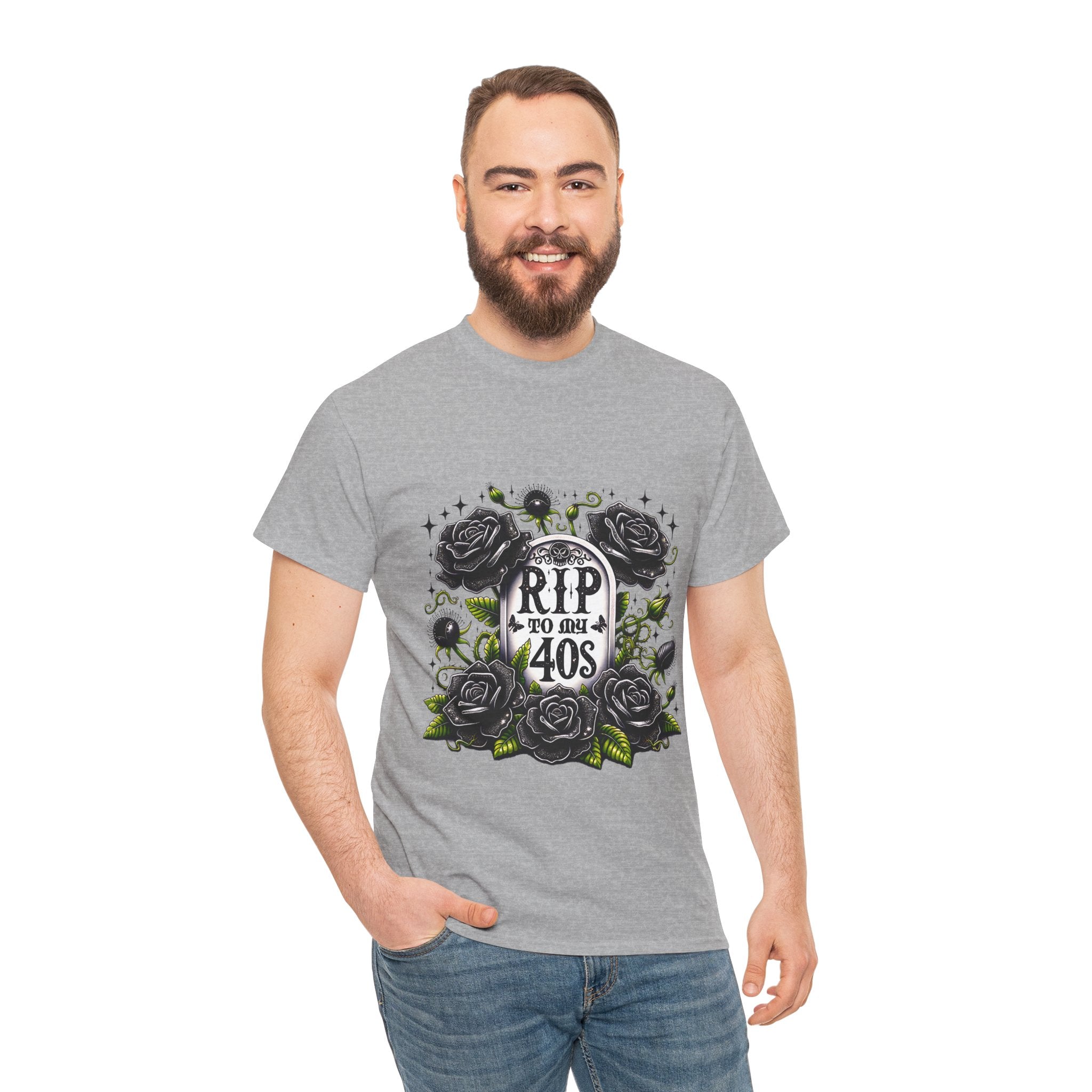 RIP to My 40s Tee, Heavy, Unisex Graphic Shirt, Birthday Gift, Casual Wear, Vintage Style, Floral Design T-shirt