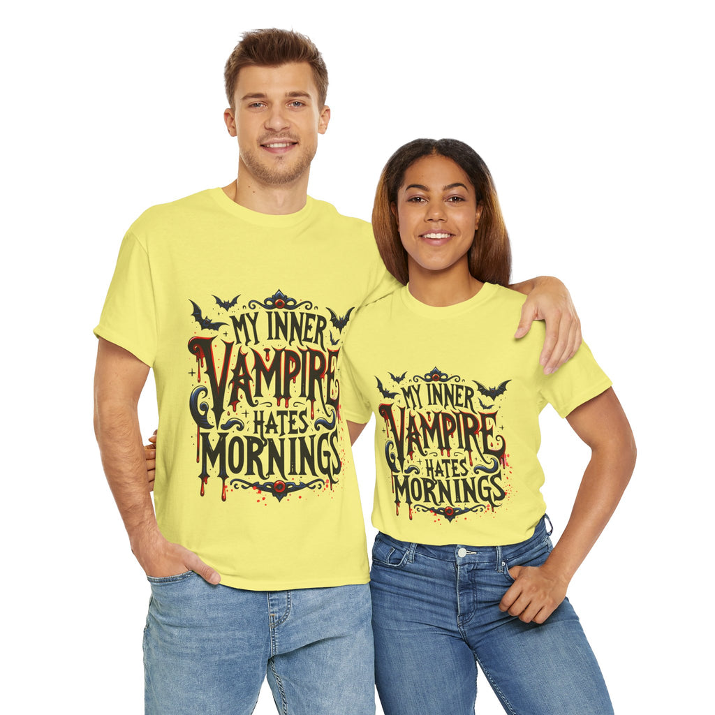My Inner Vampire Hates Mornings, Tee - Unisex Heavy Cotton Shirt for Halloween, Gifts, Casual Wear, Funny T-Shirt, Vampire Lover Apparel
