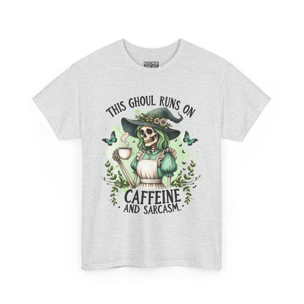 Caffeine and Sarcasm, Funny Halloween Tee, Unisex Tee, Perfect for Gifting, October Festivities, Casual Wear, Skeleton Graphic Tee