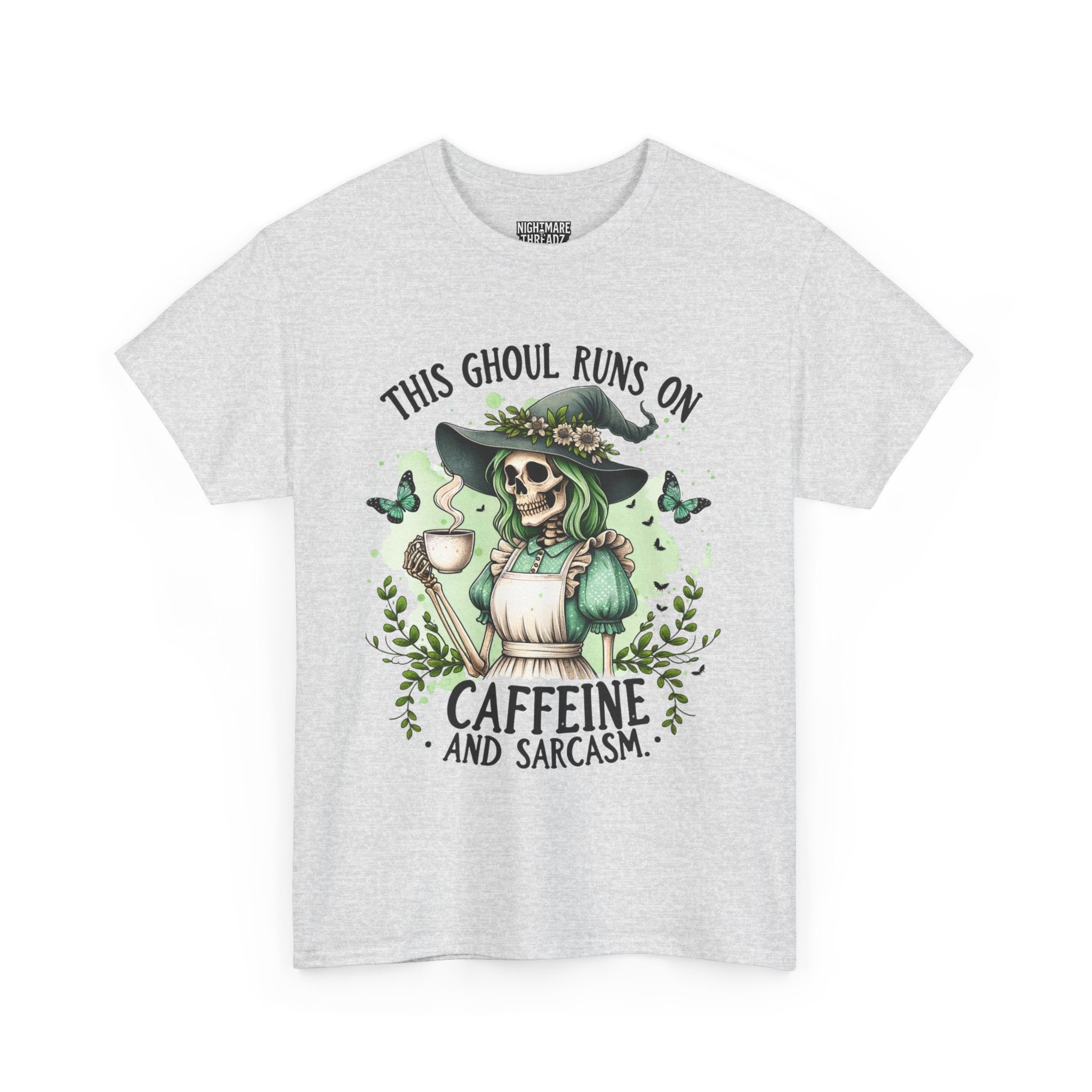 Caffeine and Sarcasm, Funny Halloween Tee, Unisex Tee, Perfect for Gifting, October Festivities, Casual Wear, Skeleton Graphic Tee