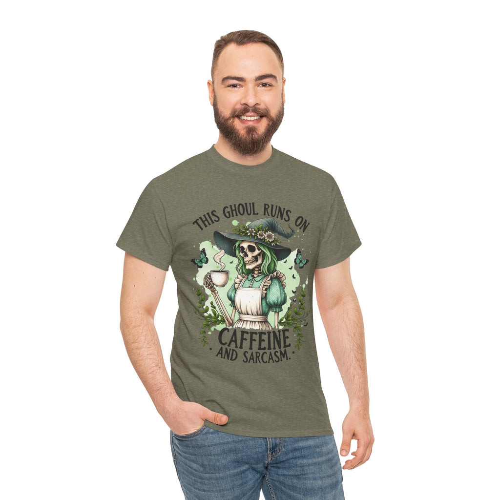 Caffeine and Sarcasm, Funny Halloween Tee, Unisex Tee, Perfect for Gifting, October Festivities, Casual Wear, Skeleton Graphic Tee