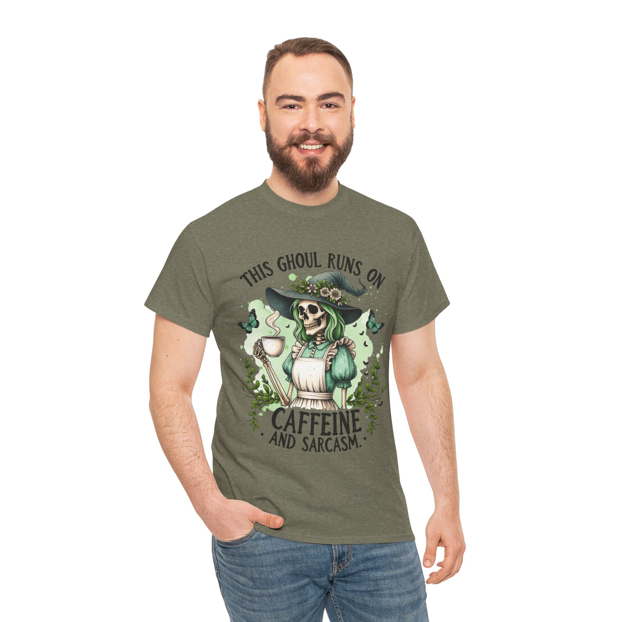 Caffeine and Sarcasm, Funny Halloween Tee, Unisex Tee, Perfect for Gifting, October Festivities, Casual Wear, Skeleton Graphic Tee