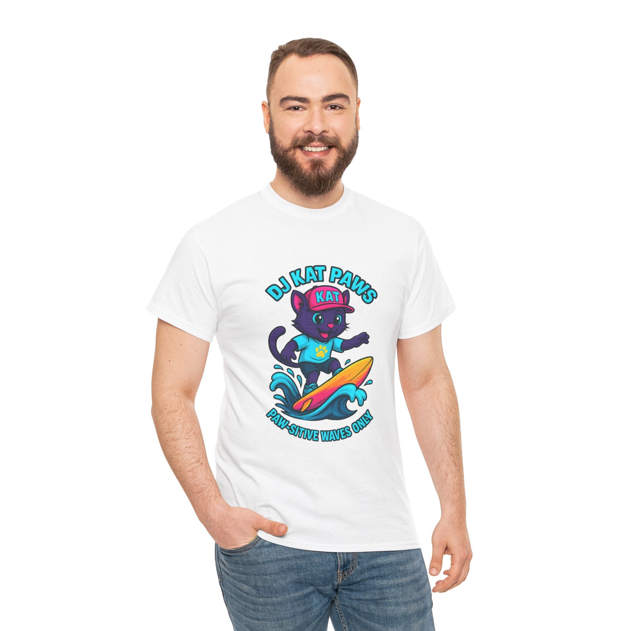 DJ KAT PAWS Surfing Fun T-Shirt | Stay Cool, Have Fun, Play Safe, Be You! | Fun Summer Tee, Gift for Cat Lovers, Beach Vibes
