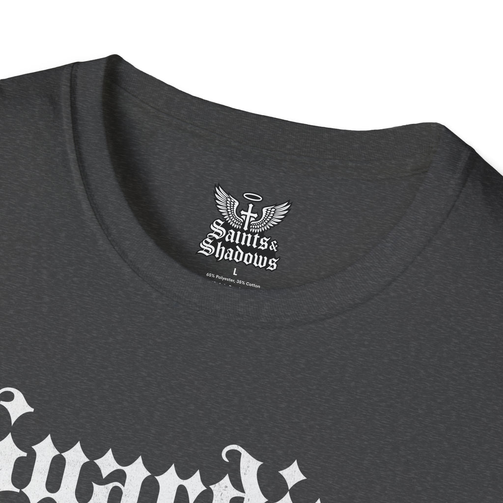 Saints and Shadows - Guardian of the Skyline, Angelic Artwork Unisex Softstyle T-Shirt, Casual Wear