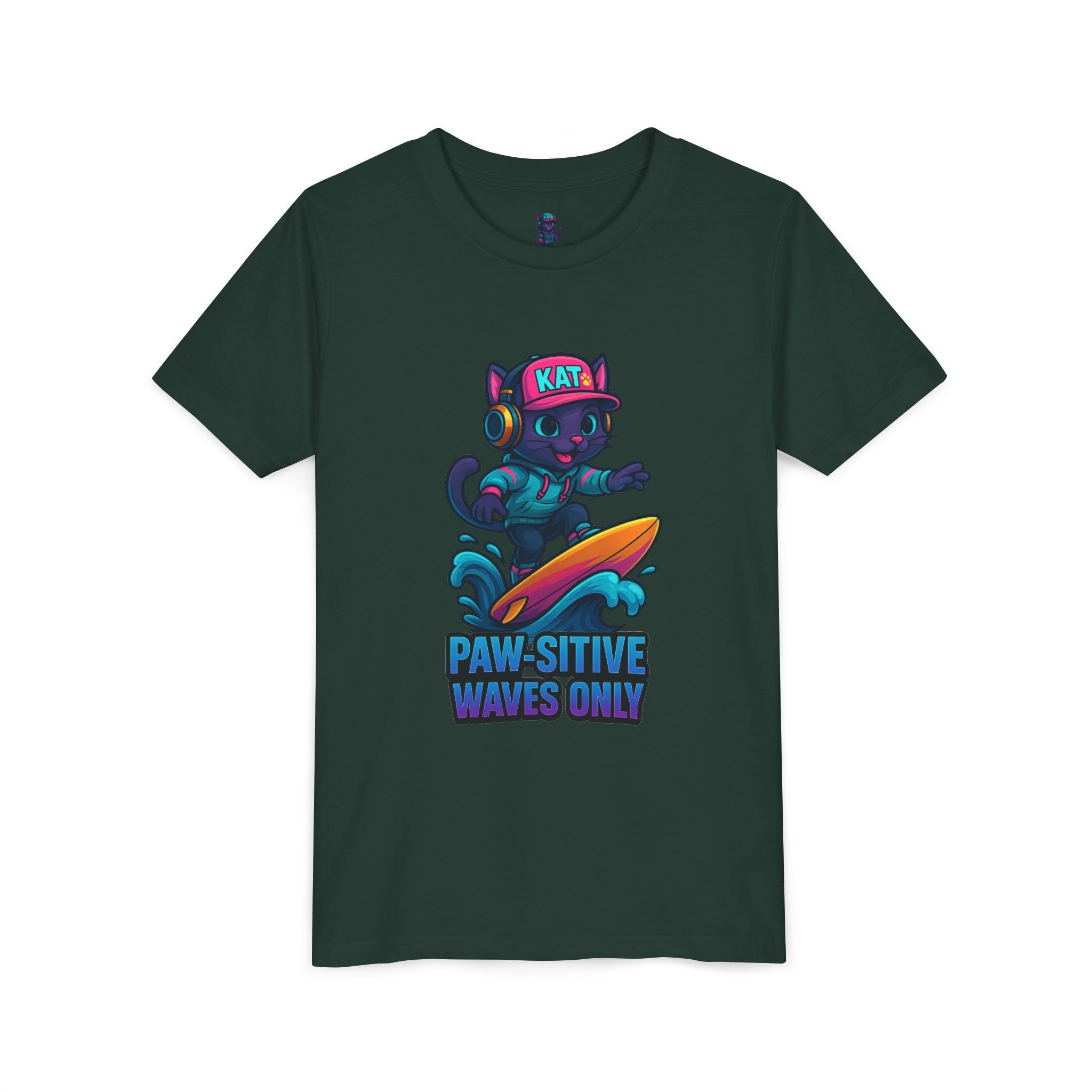 DJ KAT PAWS Paw-Sitive Waves Only, Youth Tee | Kids Surfing T-Shirt, Fun Cat Graphic Top, Summer Apparel, Gifts for Animal Lovers