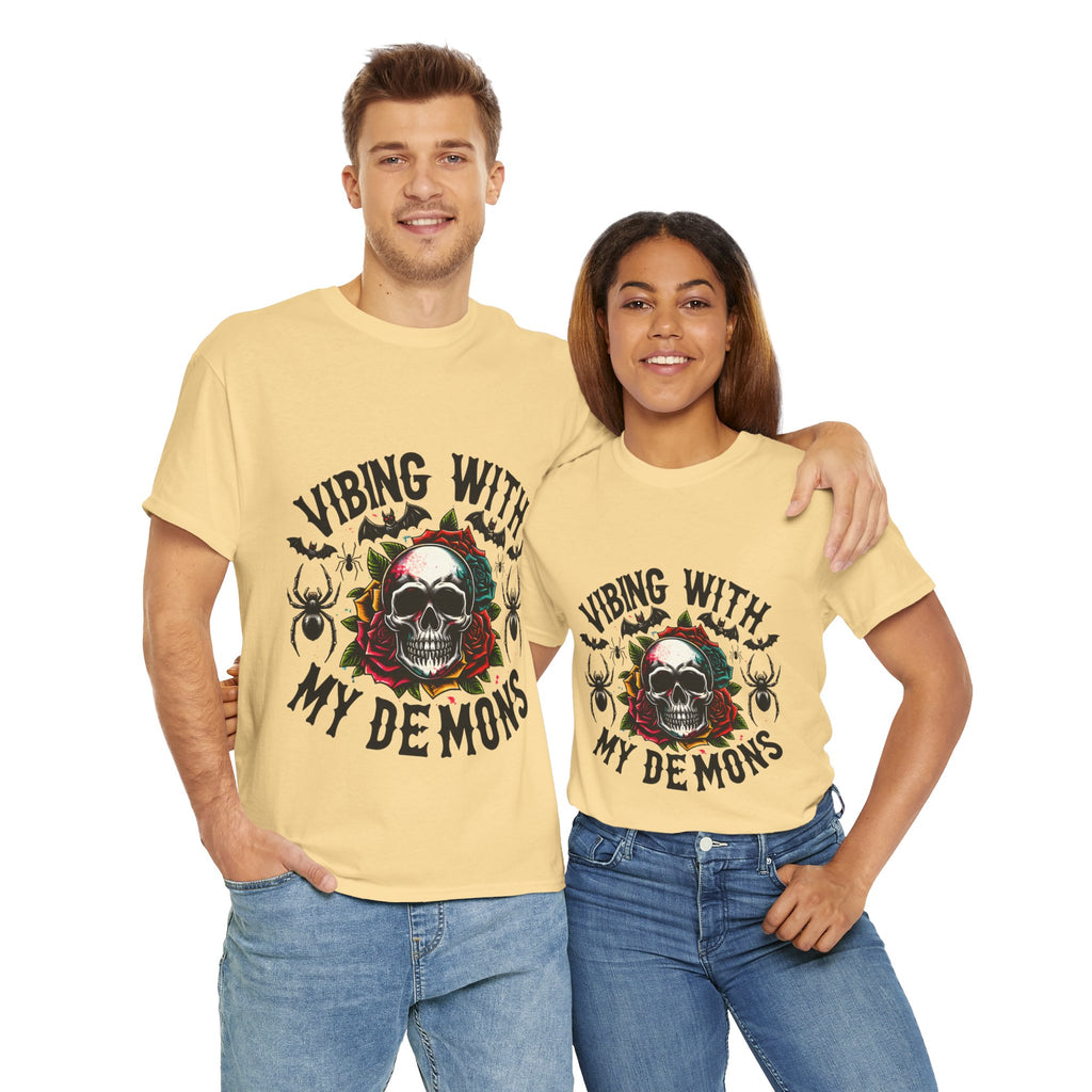 Vibing With My Demons, Halloween Skeleton & Pumpkin Tee, Spooky Season Apparel, Fall Fashion, Gift for Halloween Lovers