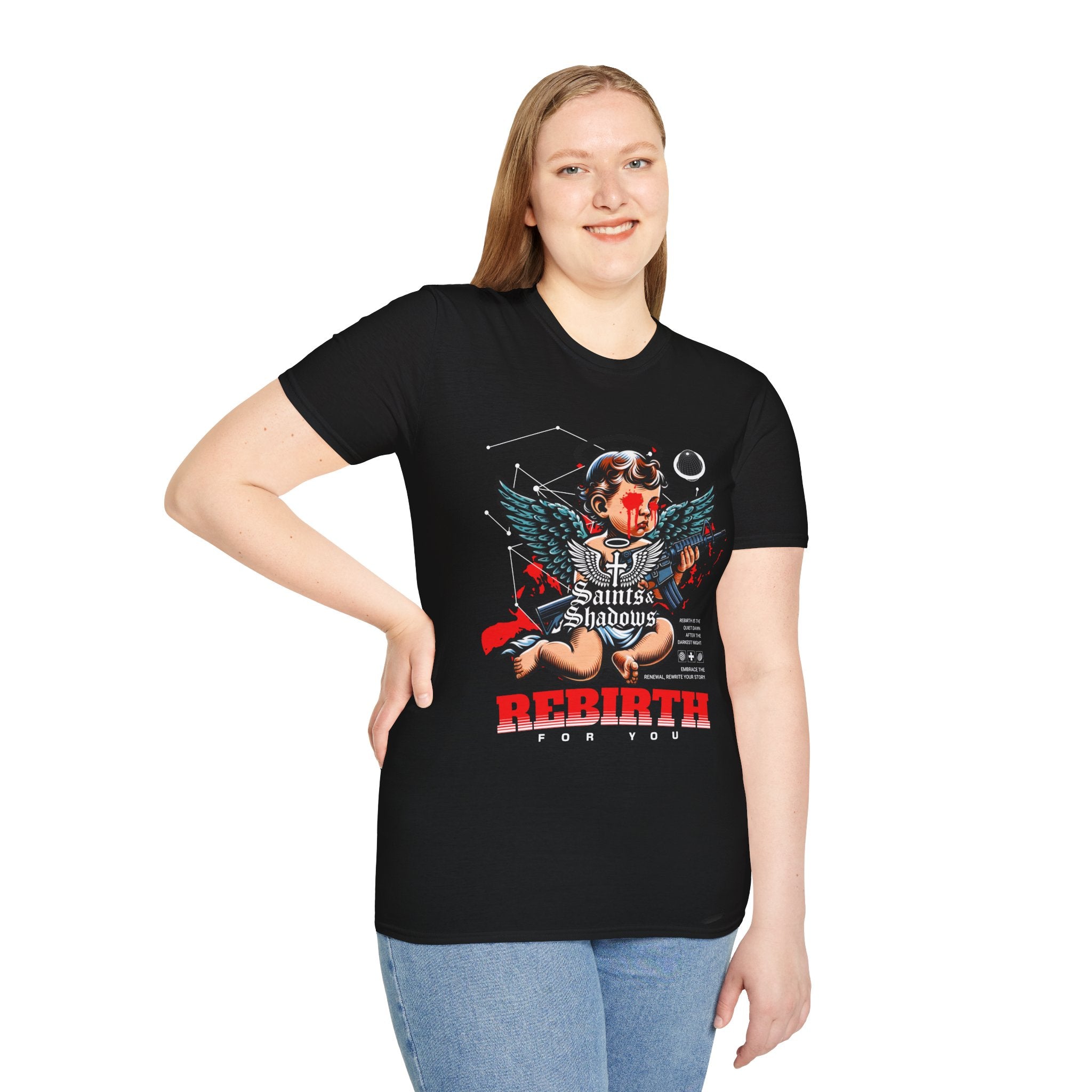 Saints and Shadows - Rebirth, Angelic Artwork Unisex Softstyle T-Shirt, Casual Wear