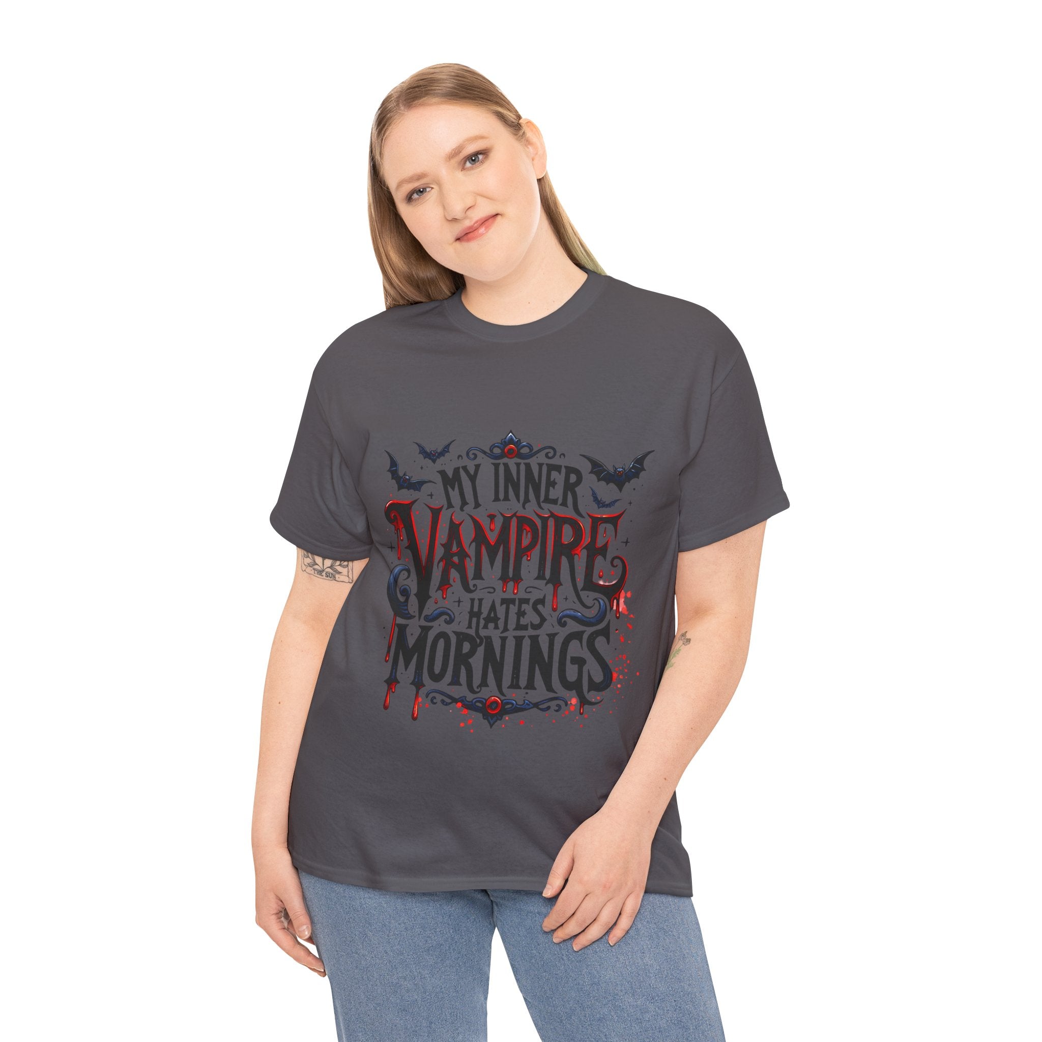 My Inner Vampire Hates Mornings, Tee - Unisex Heavy Cotton Shirt for Halloween, Gifts, Casual Wear, Funny T-Shirt, Vampire Lover Apparel