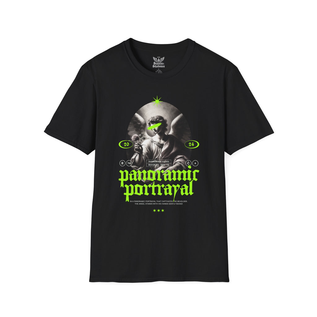 Saints and Shadows - Panoramic Portrayal, Angelic Artwork Unisex Softstyle T-Shirt, Casual Wear