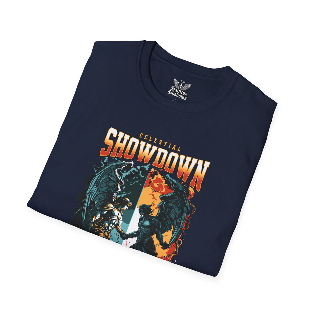 Saints and Shadows - Epic Showdown, Angelic Artwork Unisex Softstyle T-Shirt, Casual Wear