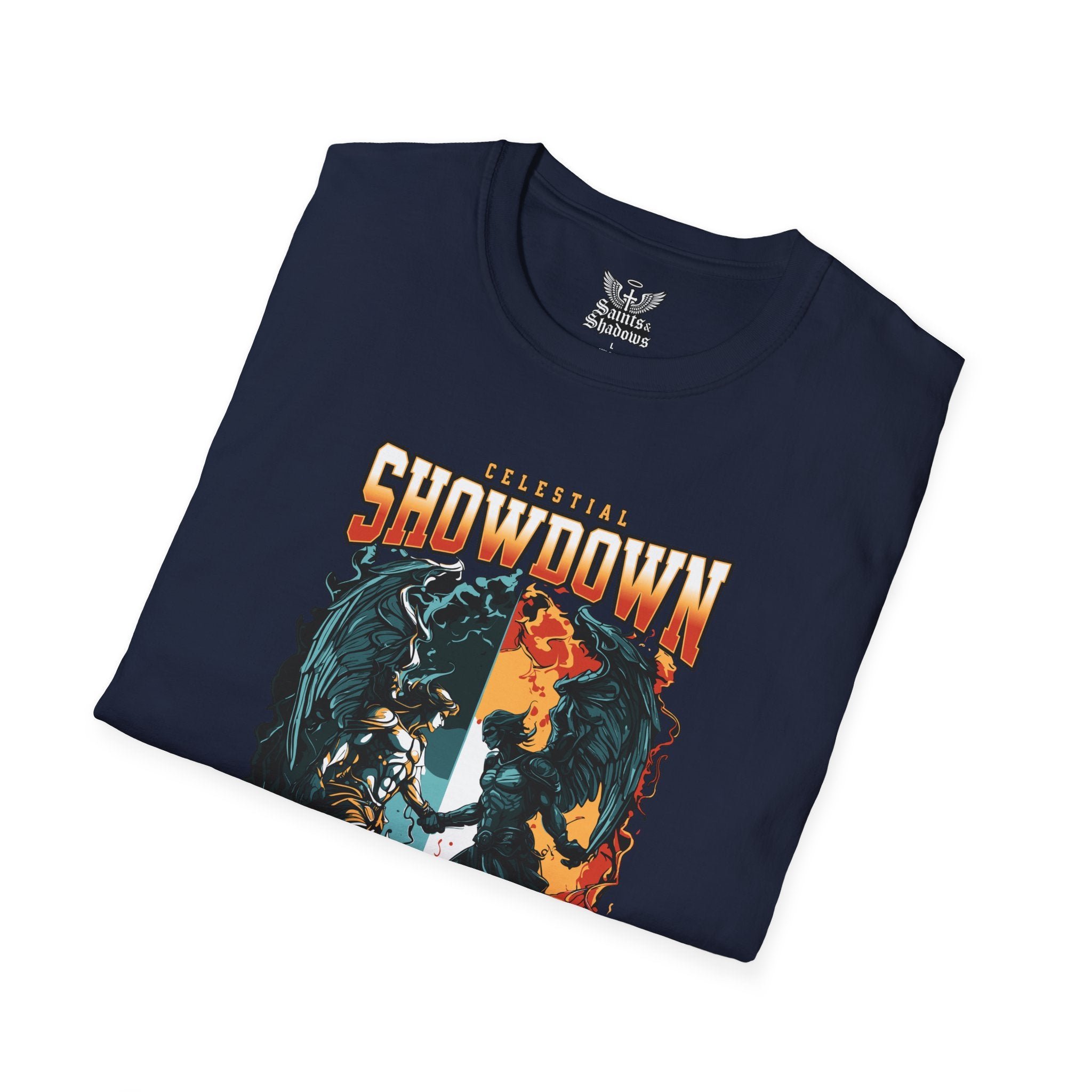 Saints and Shadows - Epic Showdown, Angelic Artwork Unisex Softstyle T-Shirt, Casual Wear