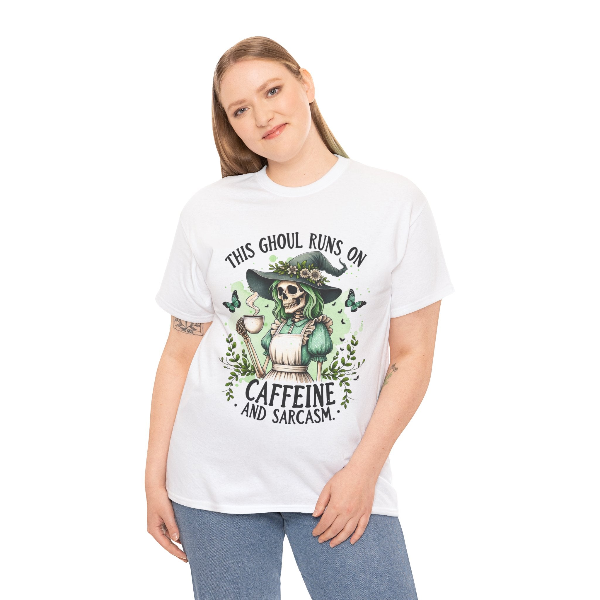 Caffeine and Sarcasm, Funny Halloween Tee, Unisex Tee, Perfect for Gifting, October Festivities, Casual Wear, Skeleton Graphic Tee
